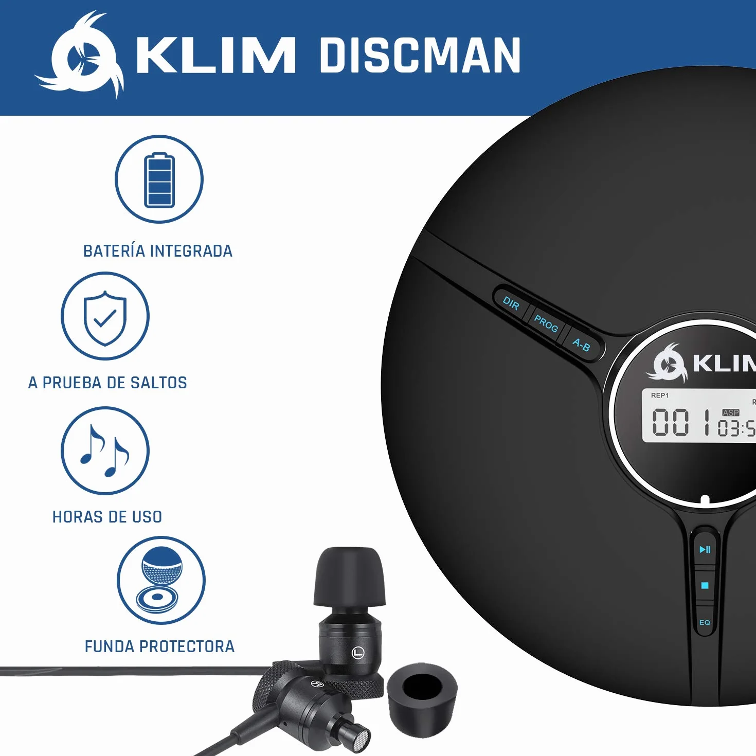 KLIM Discman Reproductor CD portatil con batería Interna - Incluye Auriculares KLIM Fusion - CD Player Mini Compacto, Personal, Compatible con CD-R, CD-RW y MP3 - Negro