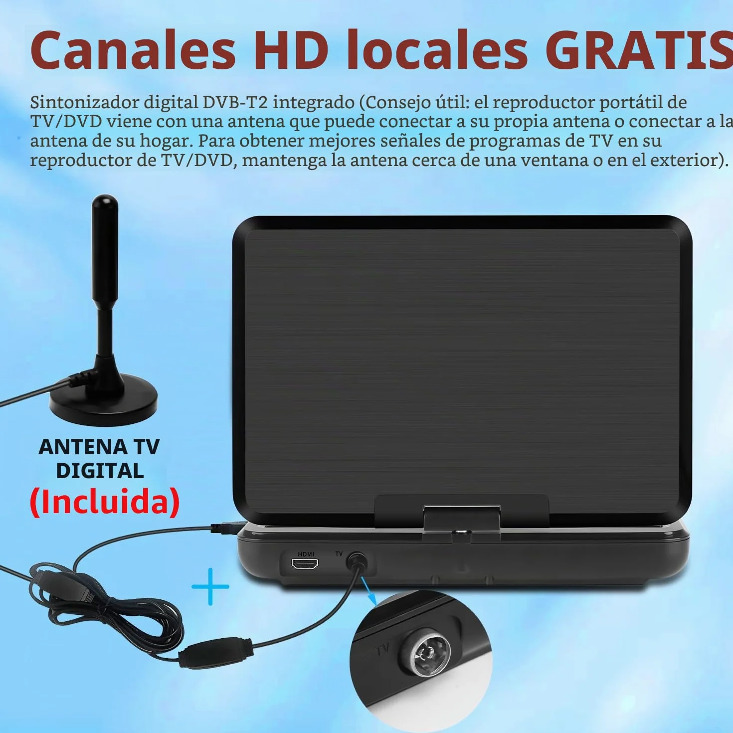 KCR Reproductor de DVD portátil 10.1" con TV DVB-T2 integrada, Pantalla LED giratoria, USB/HDMI/AV, batería recargable
