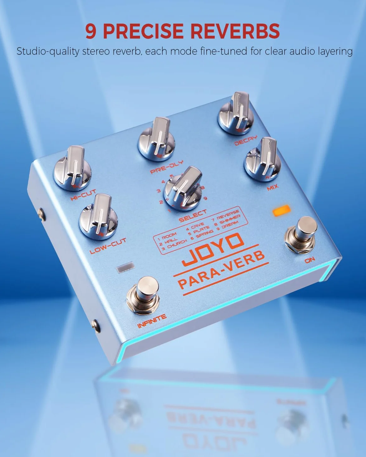 Pedal de reverberación JOYO Pedal digital estéreo para guitarra con 9 efectos de reverberación Funciones infinitas y de cola para guitarra eléctrica - True Bypass (PARA-VERB R-31)