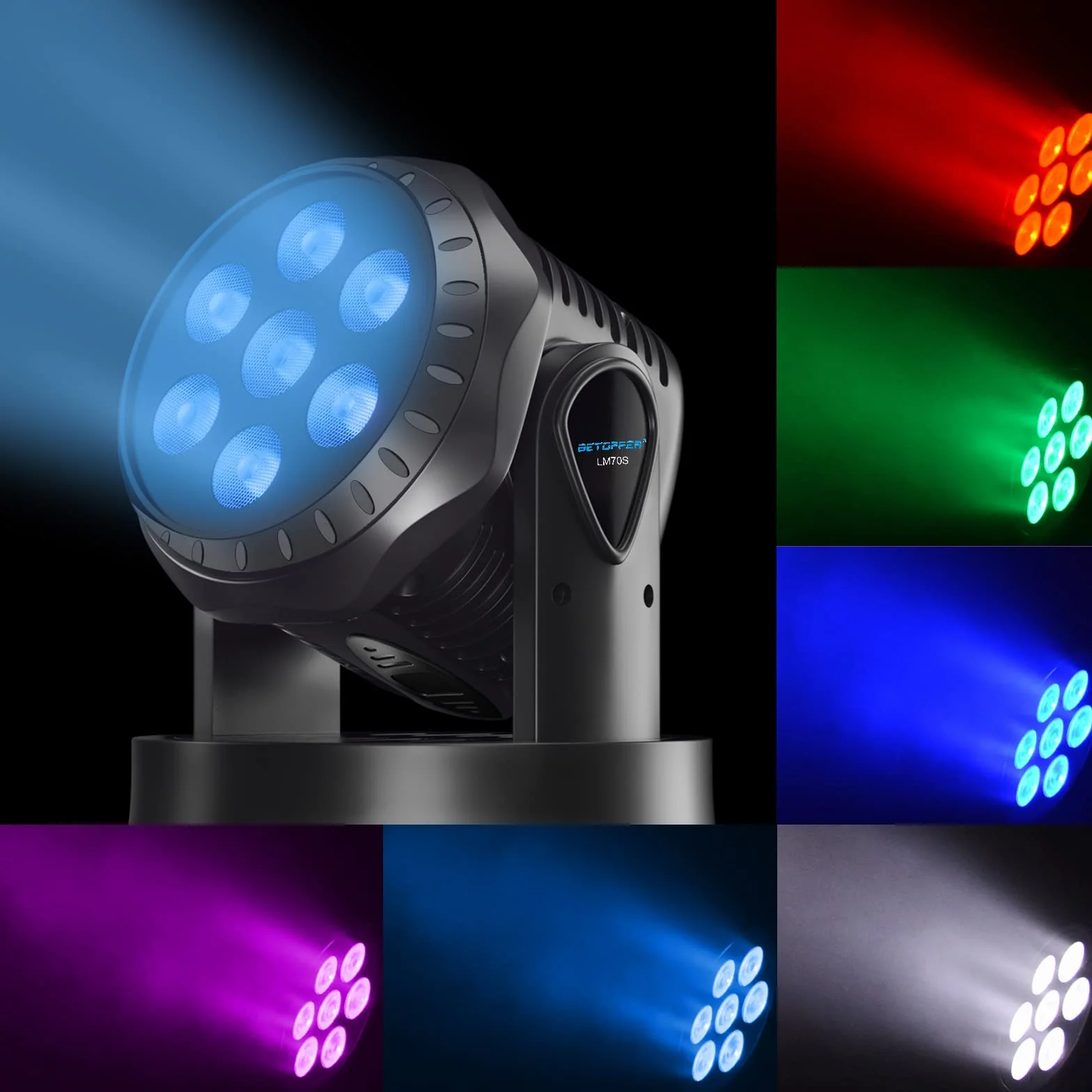 BETOPPER Cabeza Móvil LED, Luz Discoteca 7x8W LED RGBW, DMX 512 Luces Discoteca con 4 Modo de Control para DJ, Disco Party, Bar Club Nocturno LM70S 1-Pack
