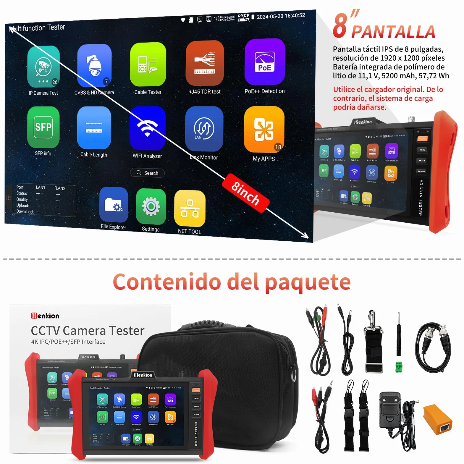 Monitor Probador de CCTV 4K 12MP - Tester Cámaras IP con PoE++ Máx 90W - Probador Cámaras 8MP TVI/CVI/AHD/CVBS Coaxial, Módulo SFP 1CH, WiFi, Herramientas Red, Tester de Cables, HD/VGA, Detección PoE
