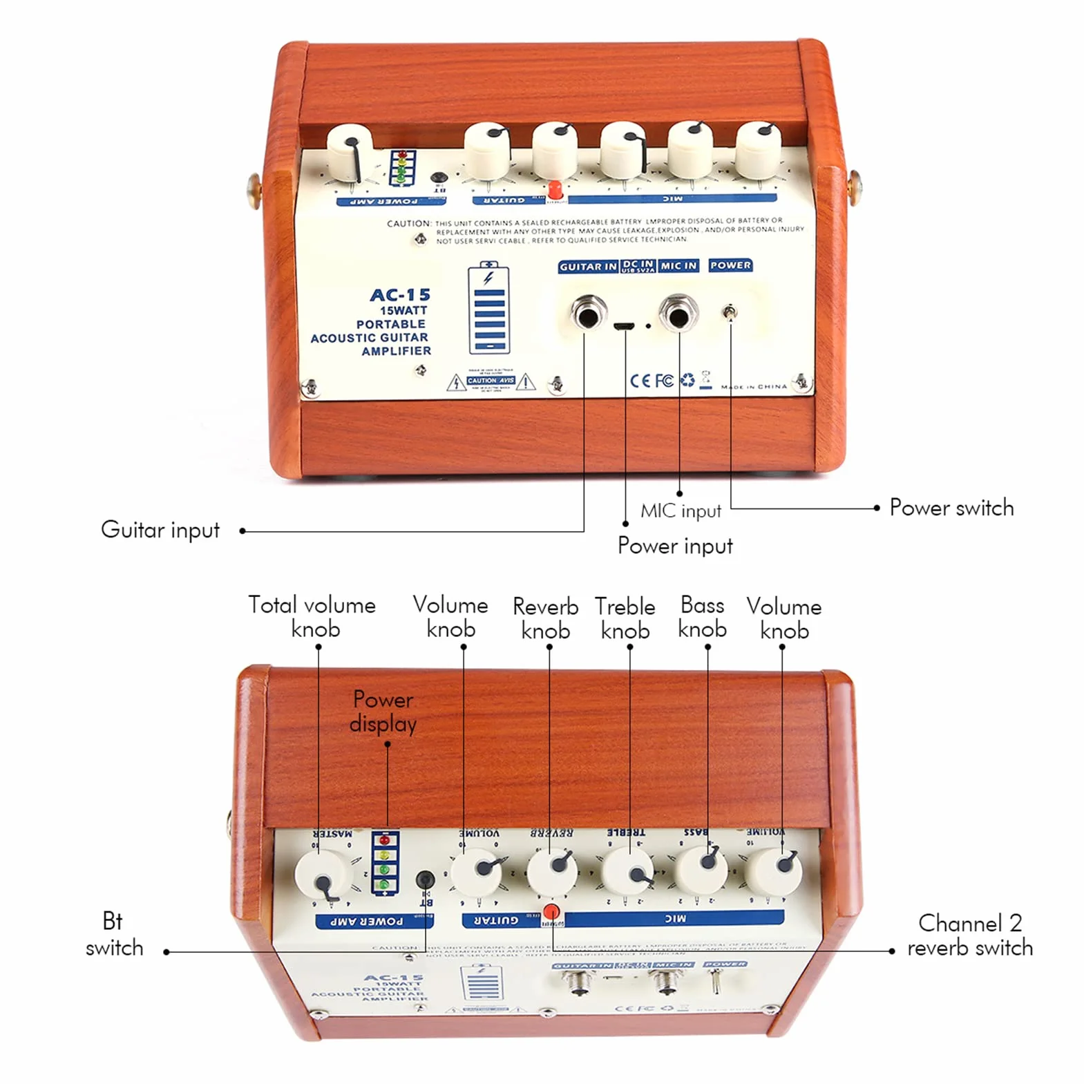 Amplificador de guitarra, AC-15 15 W, amplificador de guitarra acústica portátil, altavoz BT con entrada de micrófono, soporta volumen, graves, control de agudos, efecto de reverberación, batería