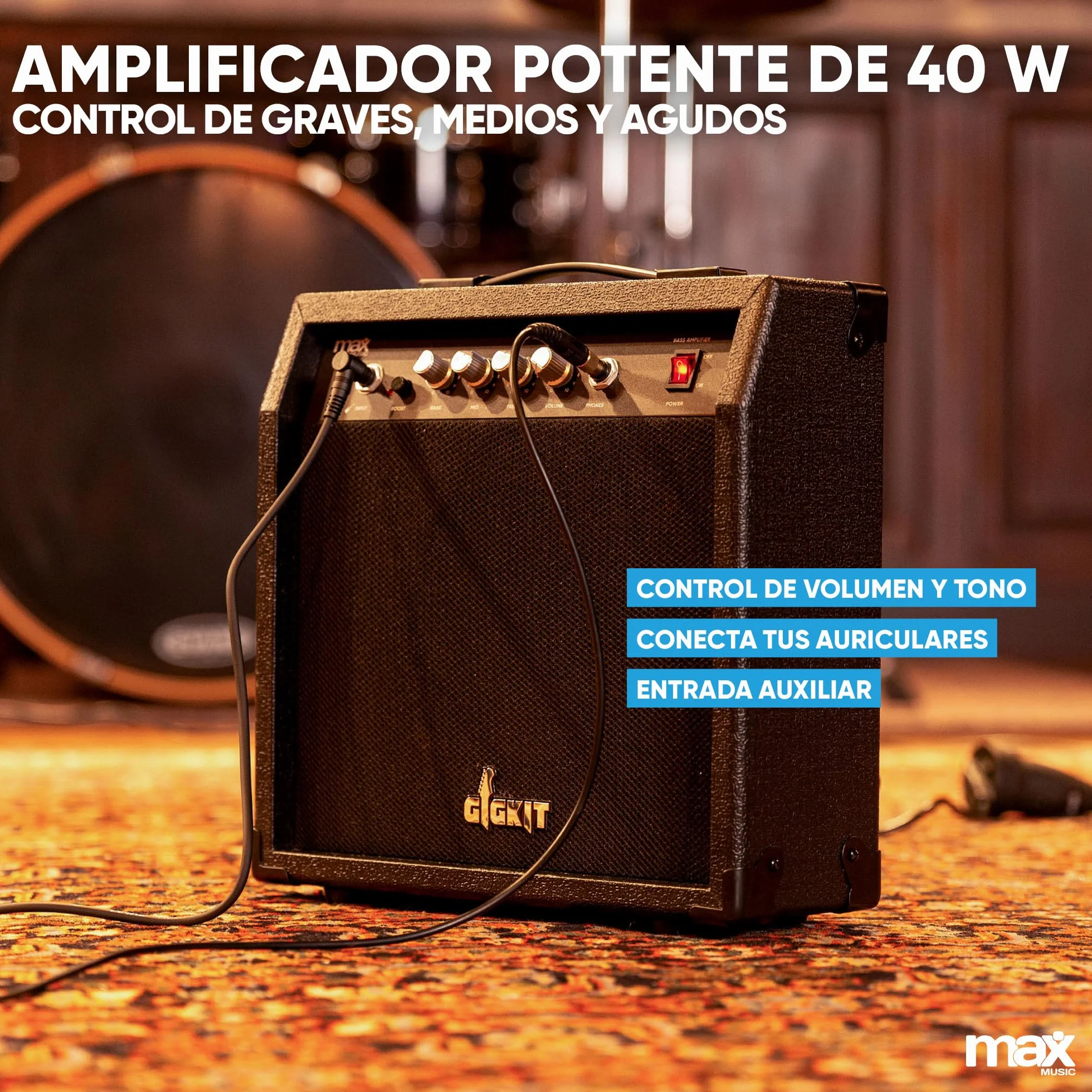 Max GigKit - Pack completo de bajo eléctrico blanco con amplificador de 40W, soporte, funda, afinador, cuerdas y cable, ideal para principiantes y práctica en casa o estudio