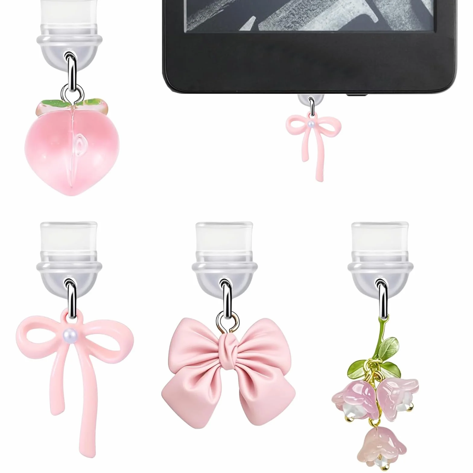 VelvetGlow 4 Piezas Charms Protector Polvo Lazo Rosa Compatible E-Reader Kindle iPad Puerto Carga Tipo C USB C