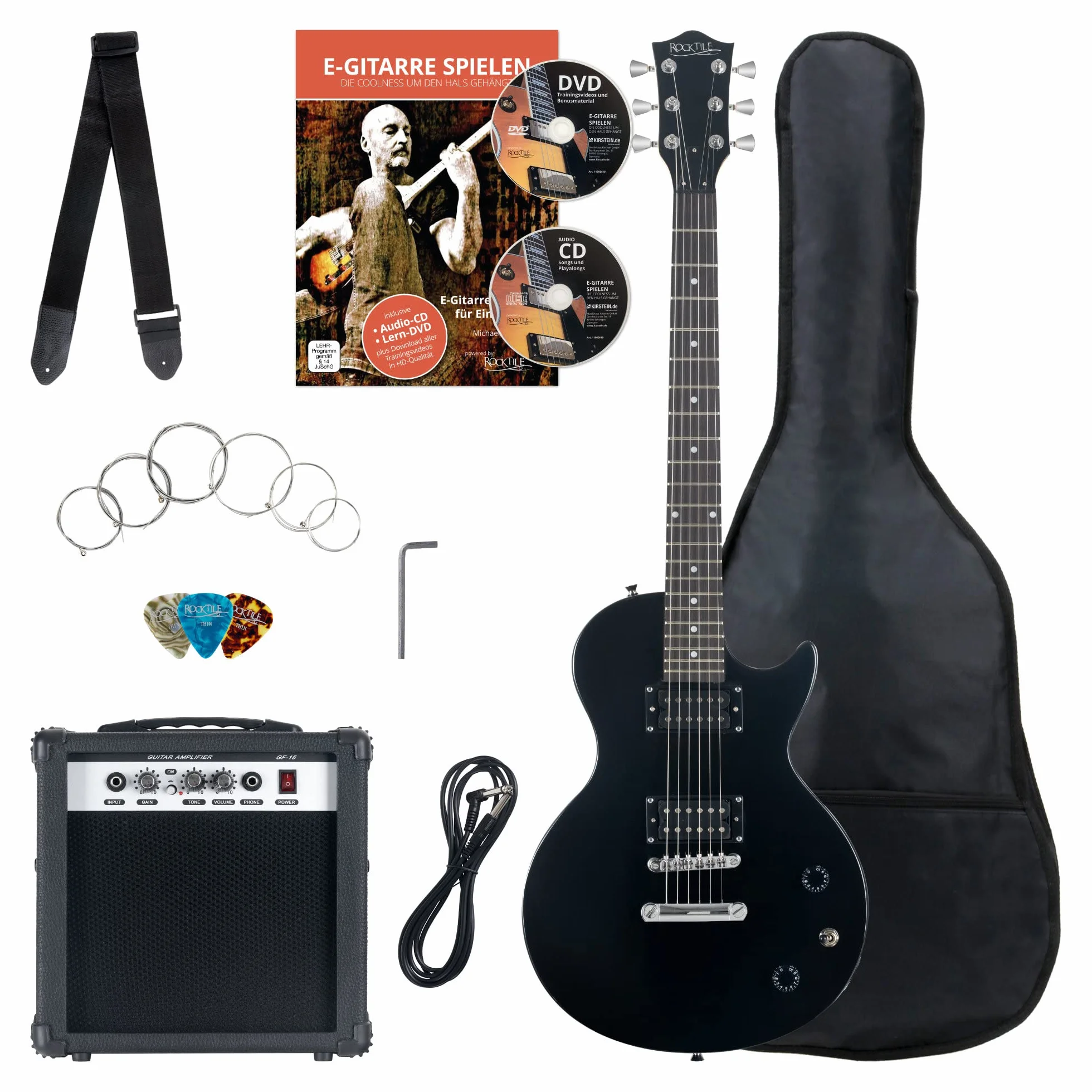 Rocktile Banger's Pack Set Completo Guitarra Eléctrica Single Cut Negro (Amplificador, Funda, Cable, Correa, Púas, Cuerdas de Repuesto y Escuela con CD/DVD)