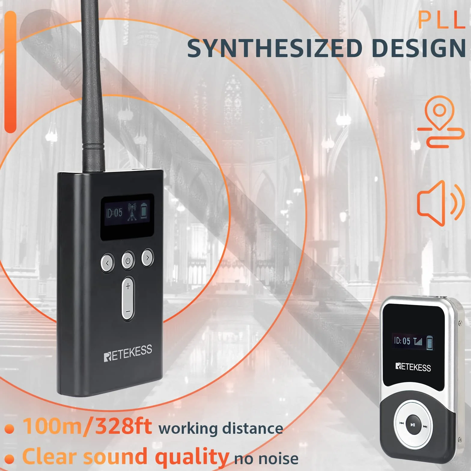 Retekess T130S Tour Guide System, Mejora Sistema de Audioguía Turística, 100m, 49 Canales, Auriculares D, Micrófono para Guía Turístico para Recorrido Fábrica, Turismo (1 Transmisor 5 Receptores)