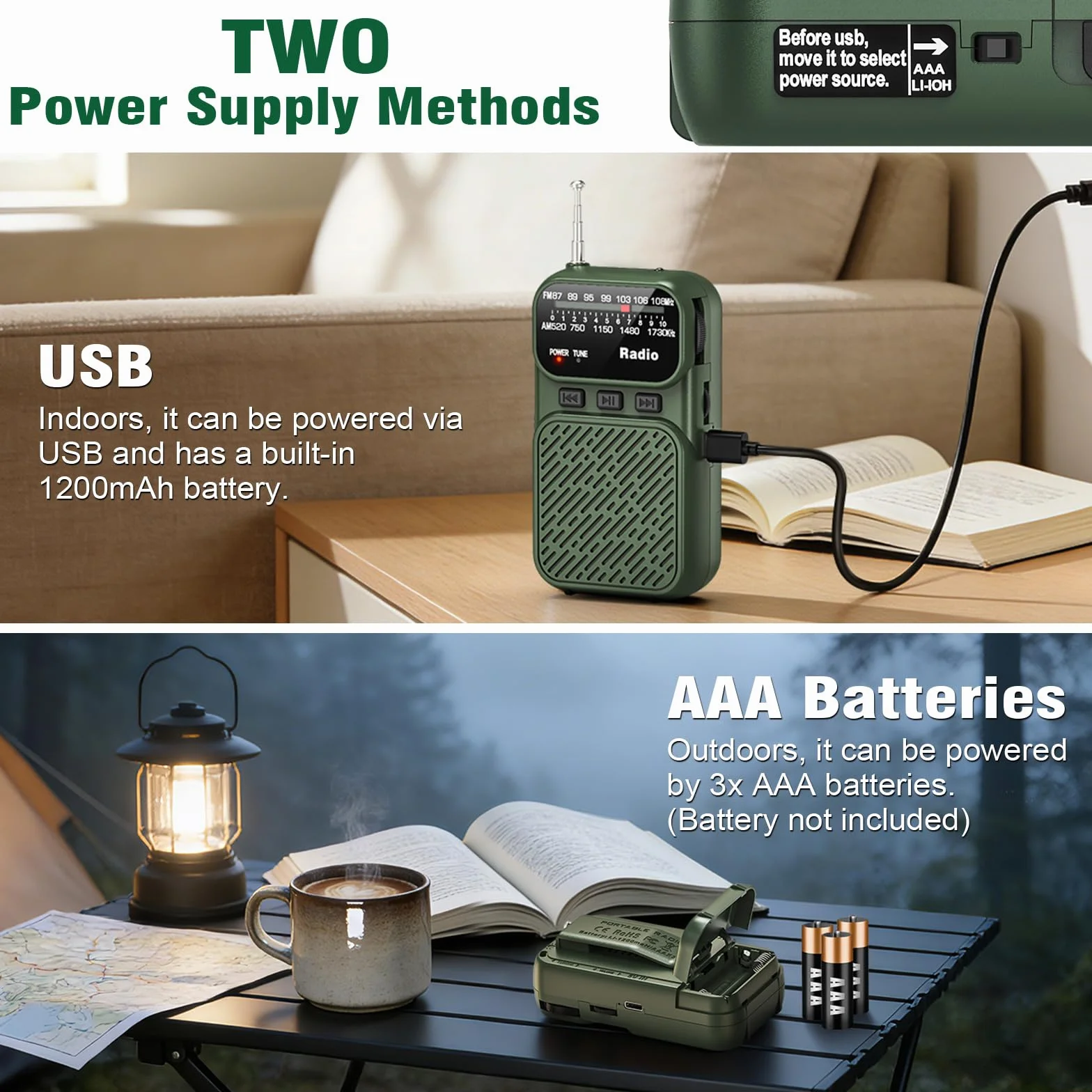 Tendak Radio Portátil AM/FM/FM Bluetooth, Mini Radio con Batería 1200 mAh, Pilas AAA, Carga USB-C, Lámpara TF (Verde)