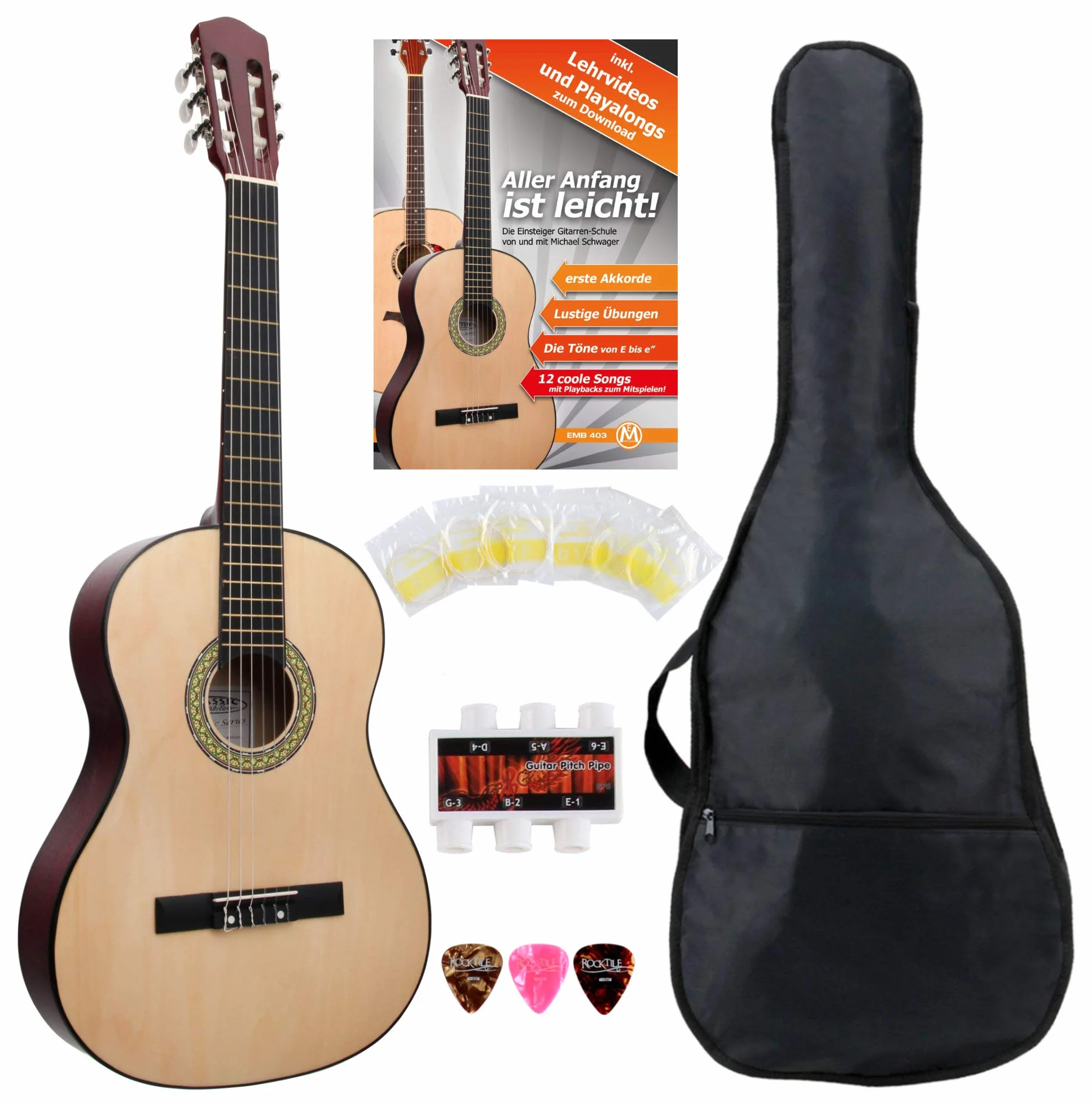 Classic Cantabile AS-851 4/4 Guitarra Clásica Conjunto Inicial (Set Completo Para Principiantes con Guitarra Clásica, Funda Gigbag, Cuerdas de Nylon, Libro/Curso, 3 Púas y Silbato Afinador)