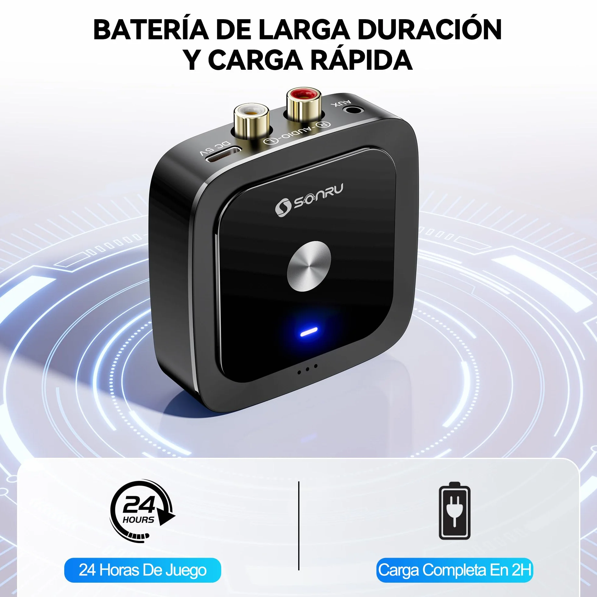 SONRU Receptor Bluetooth 6.0 HiFi, Adaptador De Audio Inalámbrico con Jack Aux 3,5 mm Y RCA,para Sistema Estéreo De Coche/Doméstico,Conexión Dual,Tiempo de Reproducción 24H