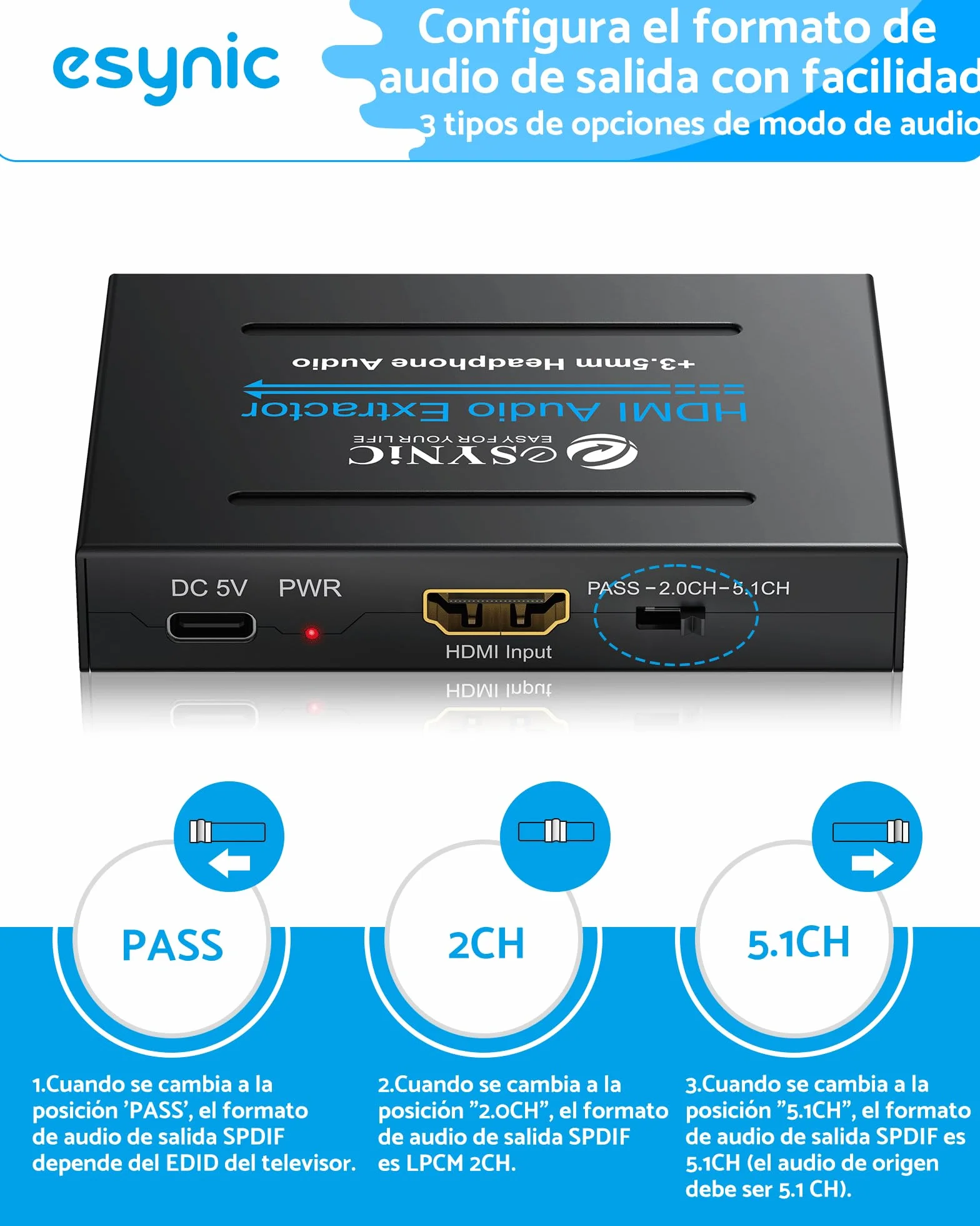 ESYNiC Convertidor HDMI a HDMI Audio SPDIF Óptico RCA Toslink Adaptador Splitter de Video HDMI - DAC HD Digital a Audio Estéreo Estractor para Apple TV Blu-Ray DVD Player Xbox One SKY HD box PS3 PS4