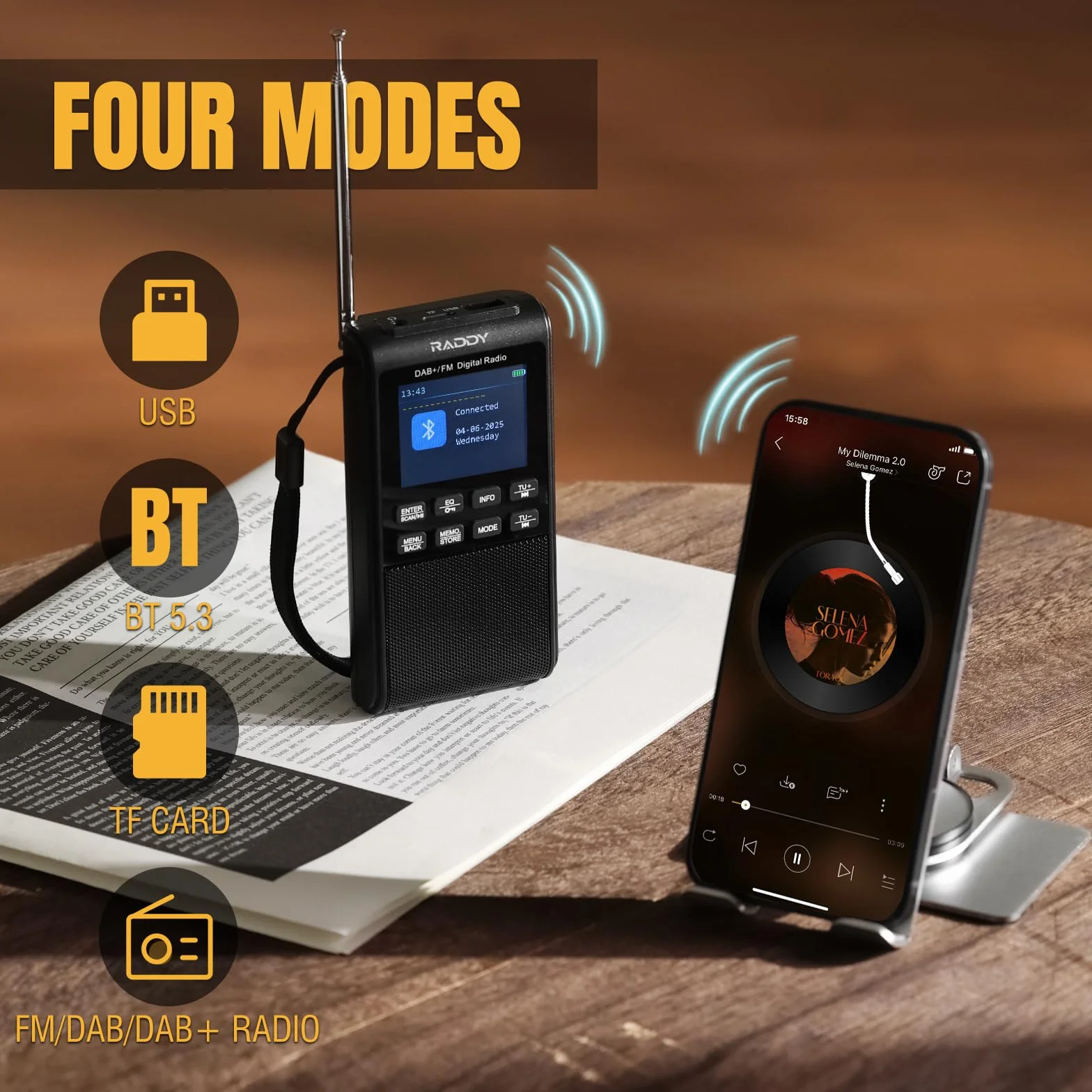 Raddy RD939 Radio portátil DAB FM de bolsillo con BT 5.3, altavoz 5W, pantalla 2", USB-C, batería 1200 mAh