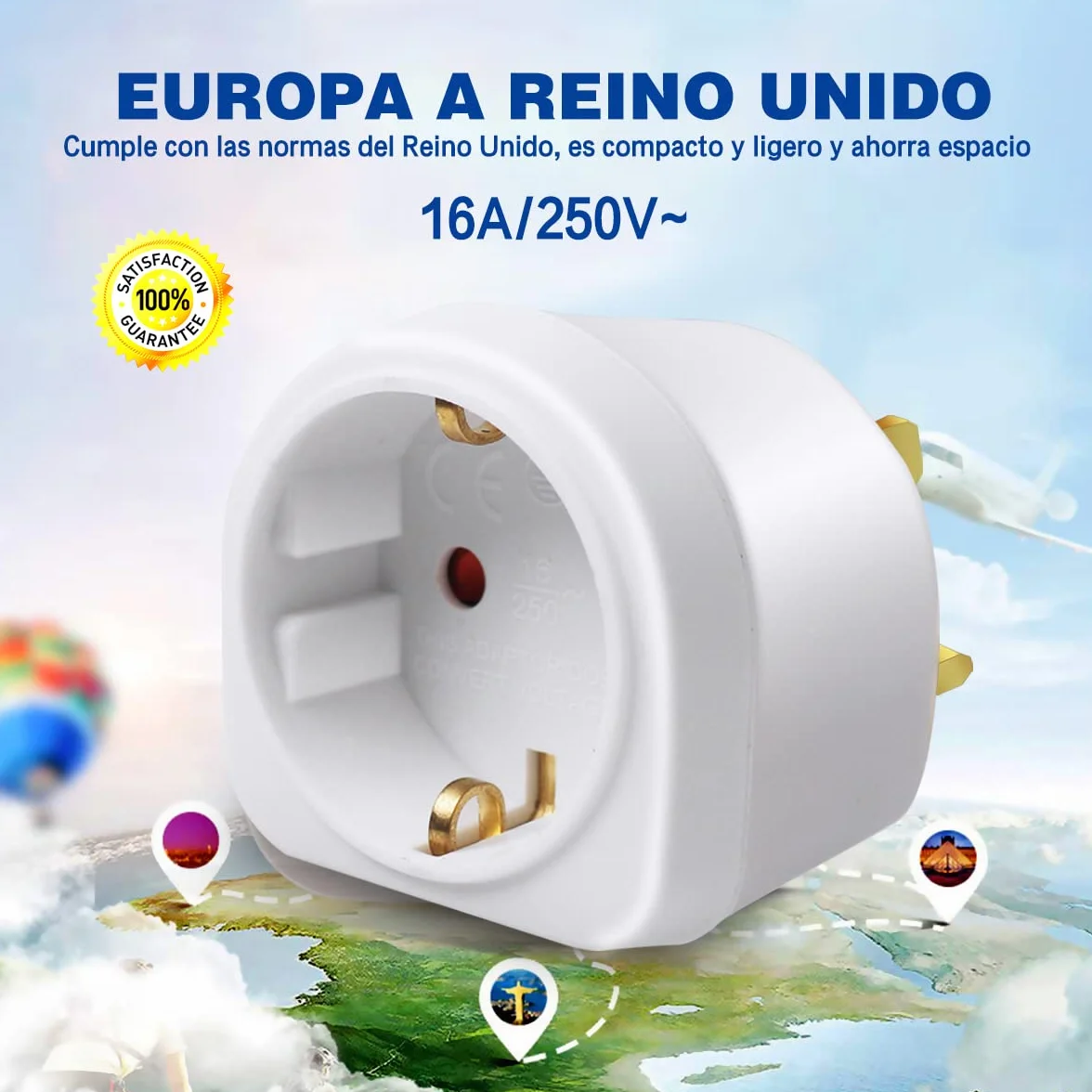 EXTRASTAR Adaptador Enchufe Ingles a Español, Adaptador de Viaje 2-Pin Europa a 3-Pin Reino Unido, 250V, 13A, 3120W, Blanco, 2Pcs