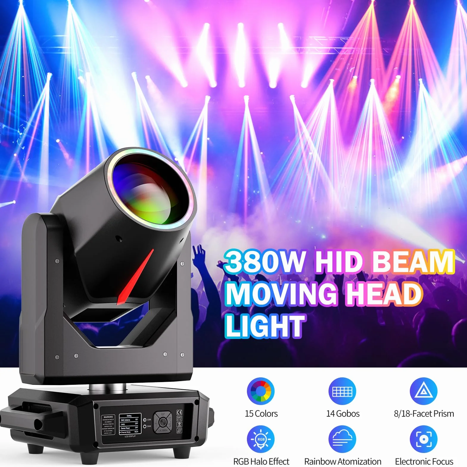 2 Piezas 380W Cabeza Movil LED con Flightcase Beam Luz Discoteca 14 Gobos 15 Colores DMX Luz para Escenario para Bar Disco Fiesta Bodas Iluminación Moving Head
