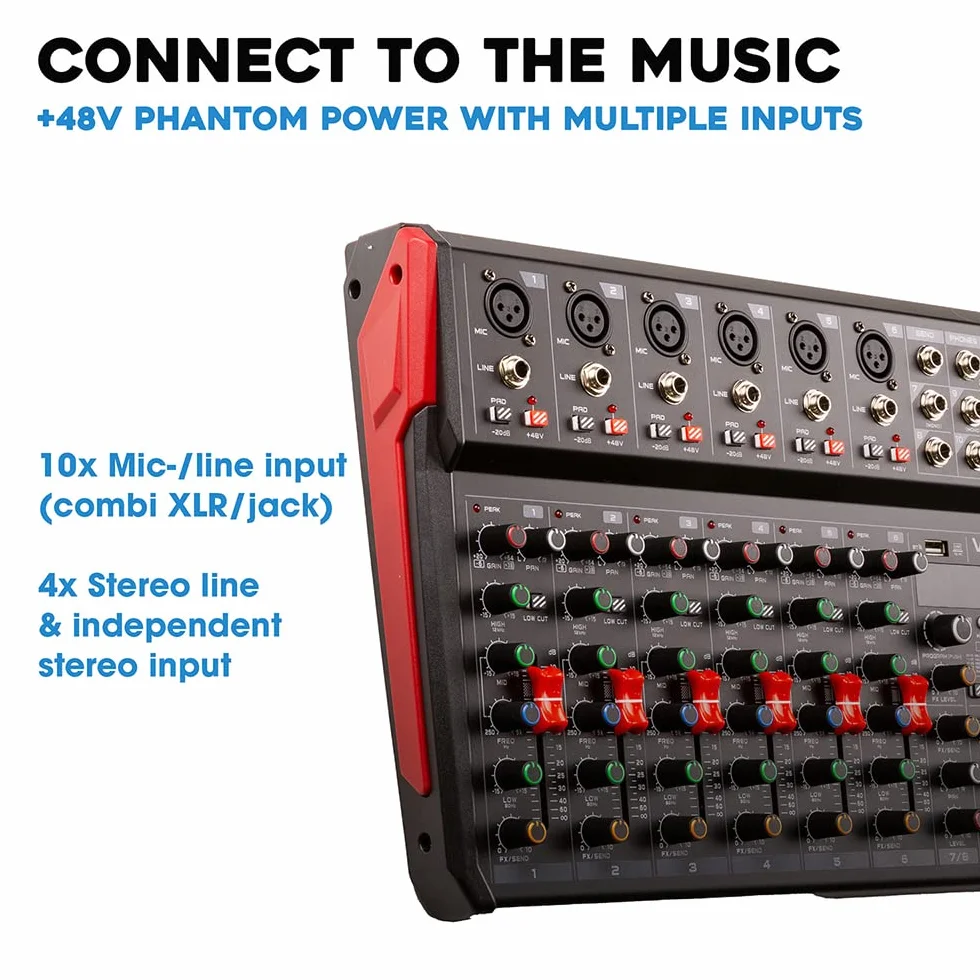 Vonyx VM-KG10 Mesa mezcladora de música de 10 canales con interfaz de audio USB, Bluetooth y efectos DSP integrados