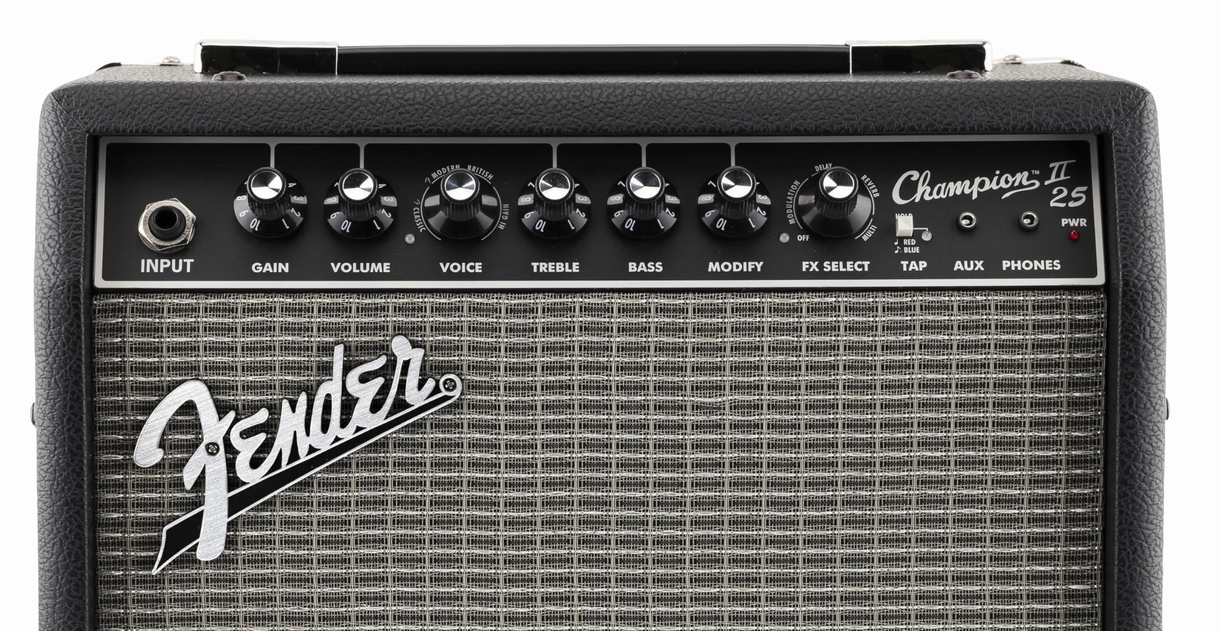 Fender Champion II 25, Amplificador Combo para Guitarra, 25W, Adaptado para Guitarra Eléctrica, Más Potencia, Efectos y Modelos de Amplificador Mejorados, Negro/Plata