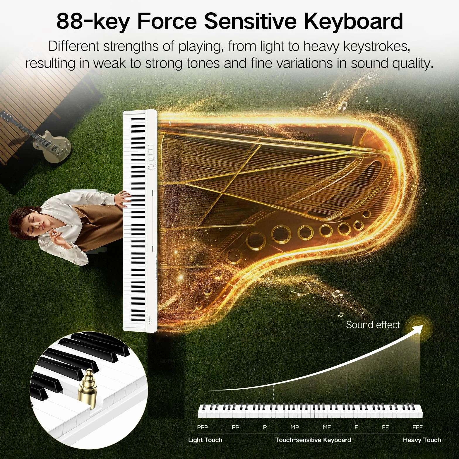 TERENCE Piano Plegable de 88 Teclas, con Teclado de Fuerza, Piano Plegable con Grabación y Soporte Bluetooth, Pedal y Altavoz de 4 Unidades, Preferido para Principiantes,blanco