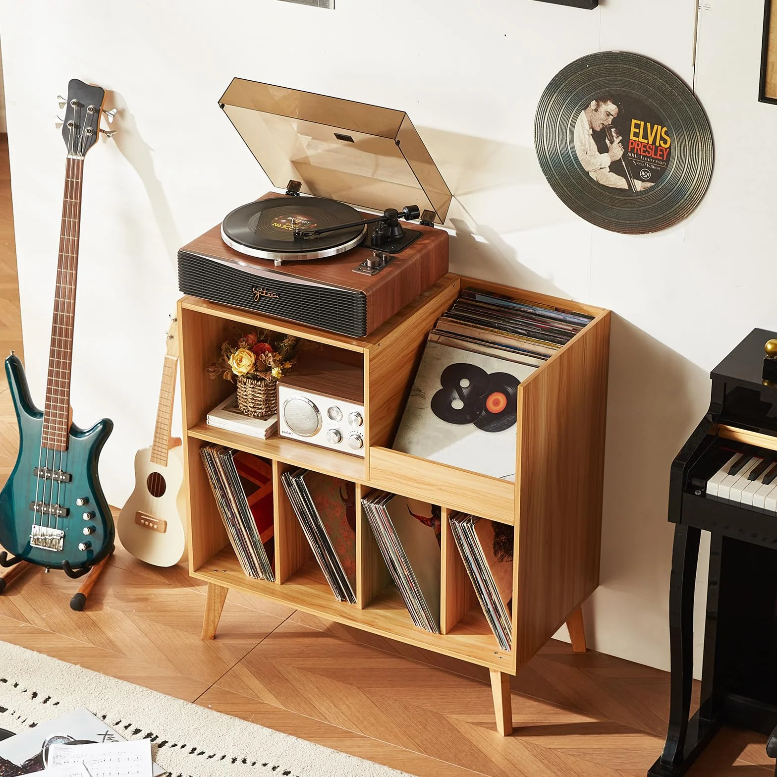 Gran soporte para discos con almacenamiento, soporte para tocadiscos con estante, soporte para discos de vinilo con área de exhibición, soporte para discos para hasta 300 álbumes, estantería para