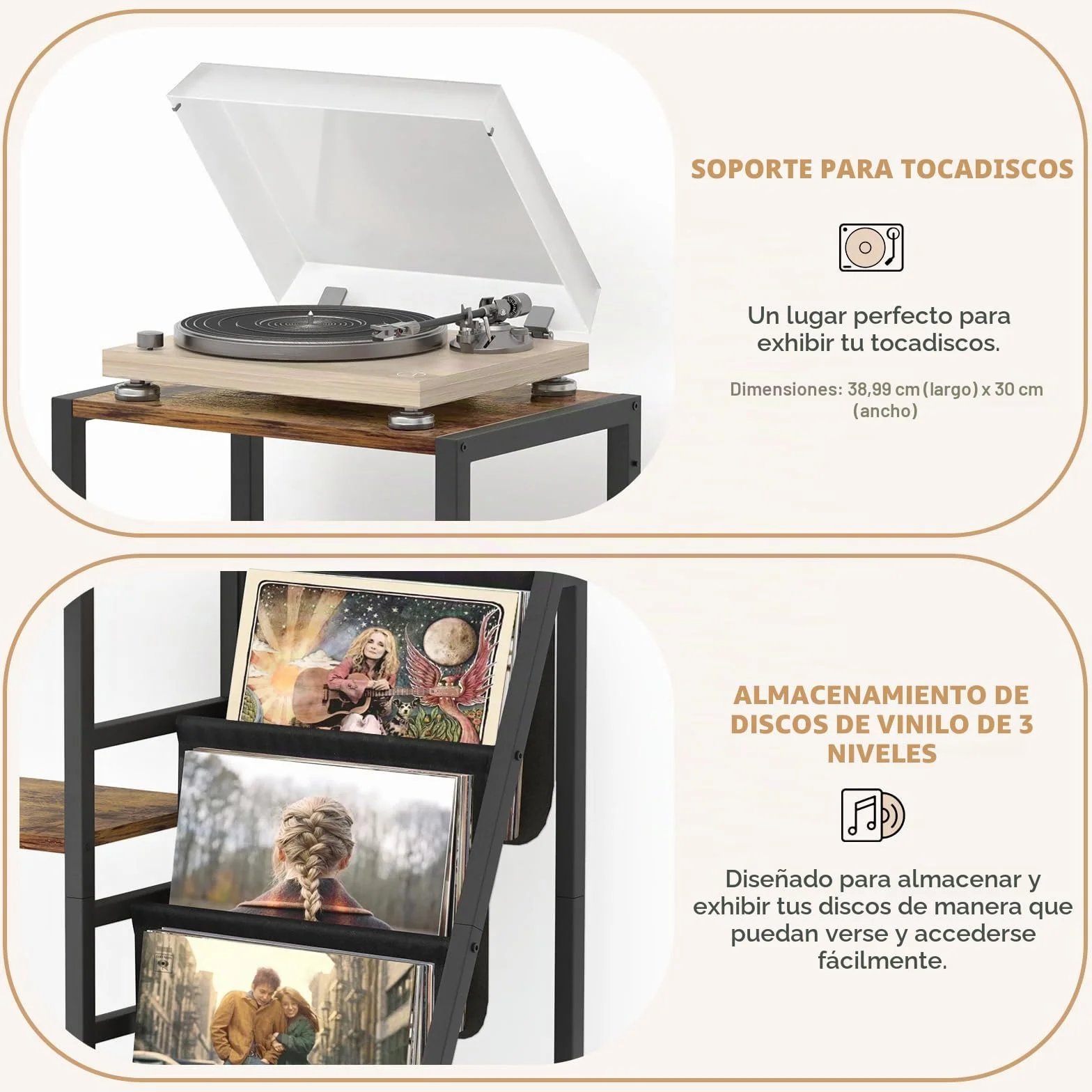 Bikoney Mueble Soporte para Tocadiscos y 200 Vinilos, Soporte de Guitarra Integrado para Eléctrica, Acústica o Bajo, Estante de 3 Niveles para Amplificador y Altavoces, Organizador de Música