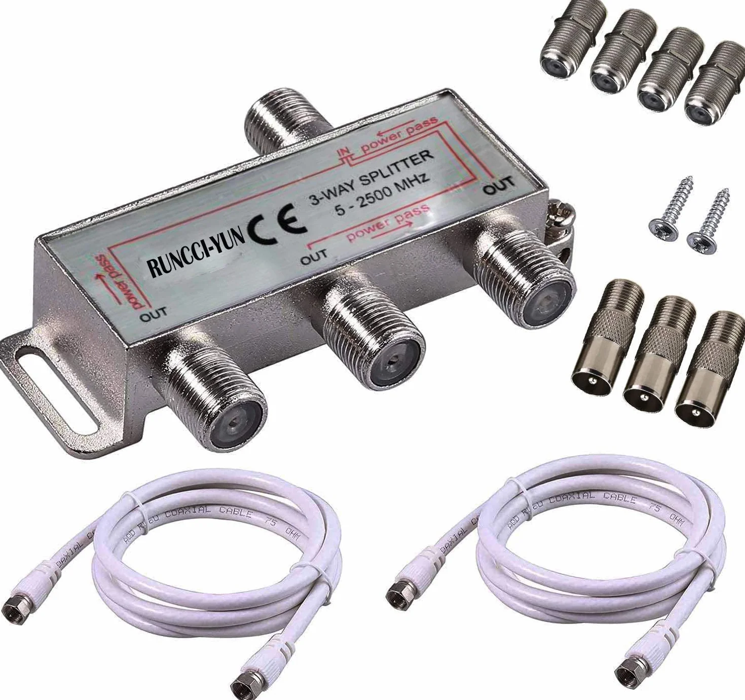 RUNCCI-YUN 3 vías TV Splitter Antena TV Cable de Banda Ancha Splitter Kit 1 Entrada 3 Salida Macho a Hembra Cable Coaxial Adaptador de Divisor con Cable Coaxial de 2 * 1,5 m Cable
