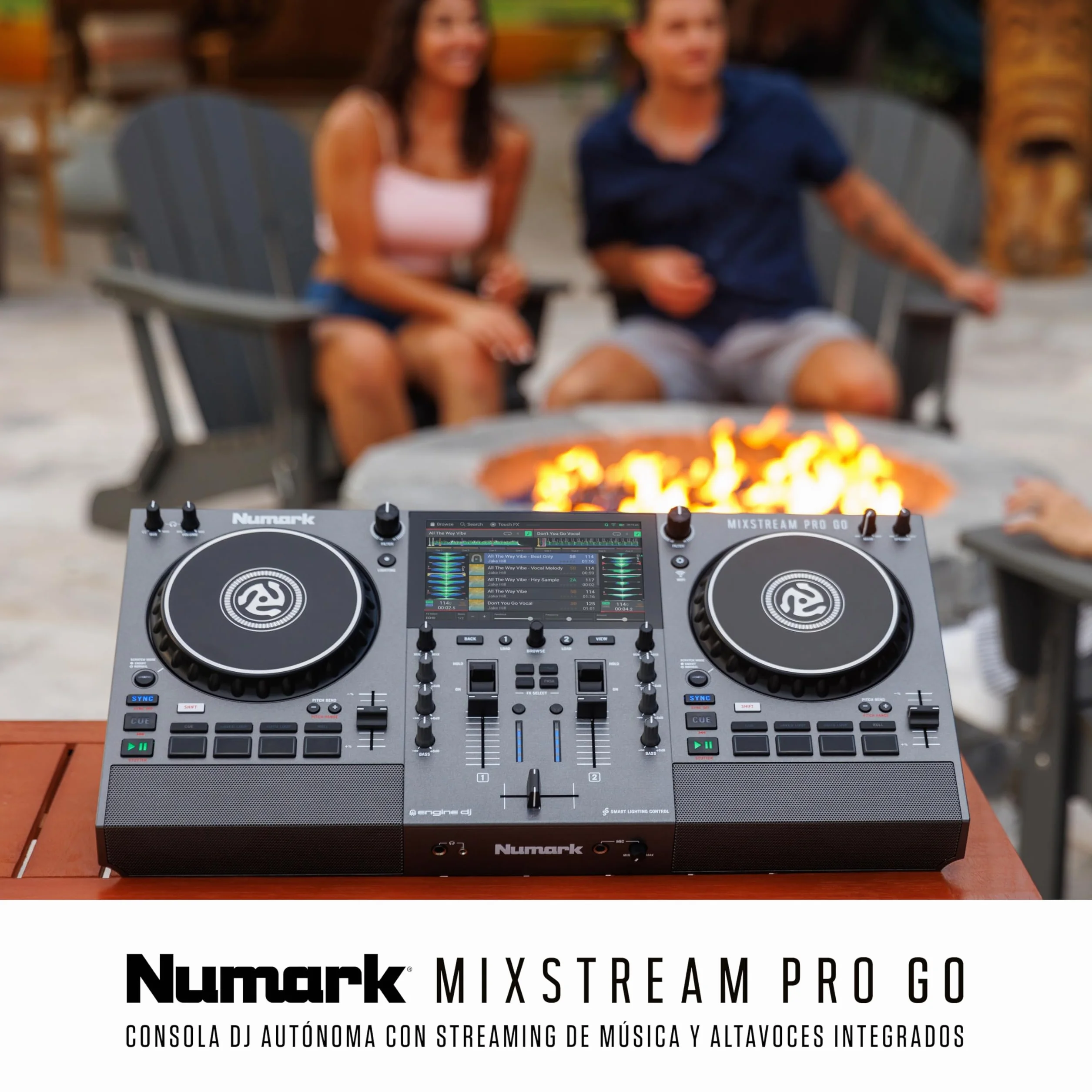 Numark Mixstream Pro Go Controlador DJ portátil, batería, mezclador con separación de stems, altavoces, streaming wifi, pantalla táctil y Serato DJ
