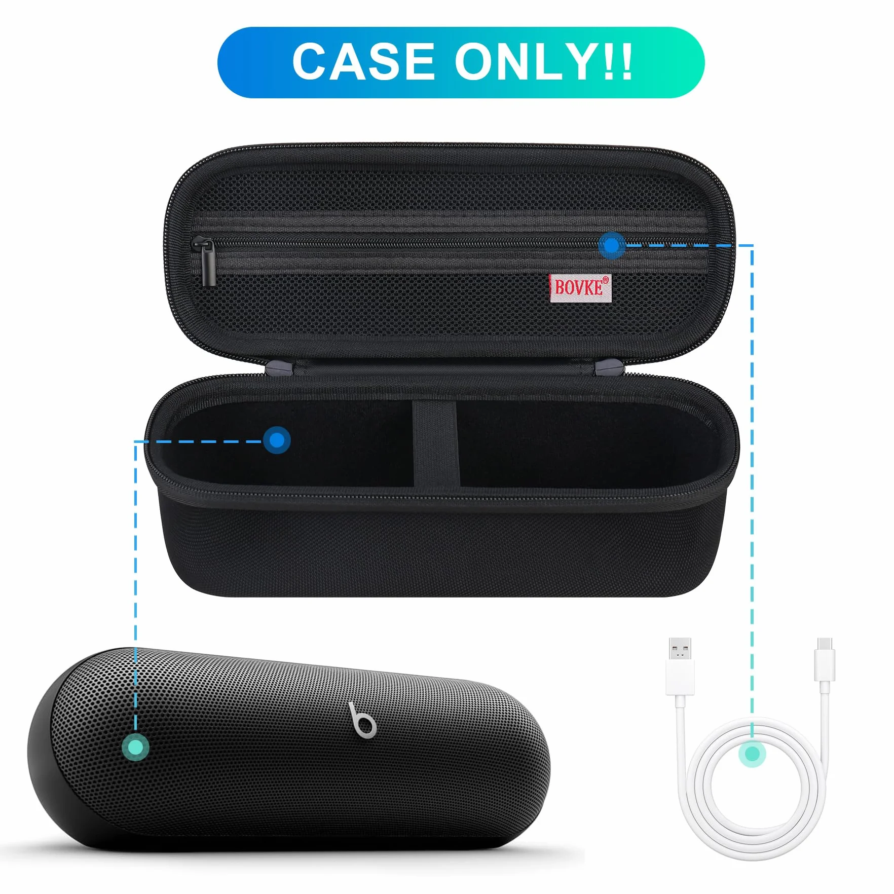 BOVKE Carrying Case for Beats Pill - Portable Bluetooth Speaker, New Beats Pill Wireless Speaker Travel Holder Bolso con Bolsillo de Malla Extra para Cables de Carga, Accesorios, Negro