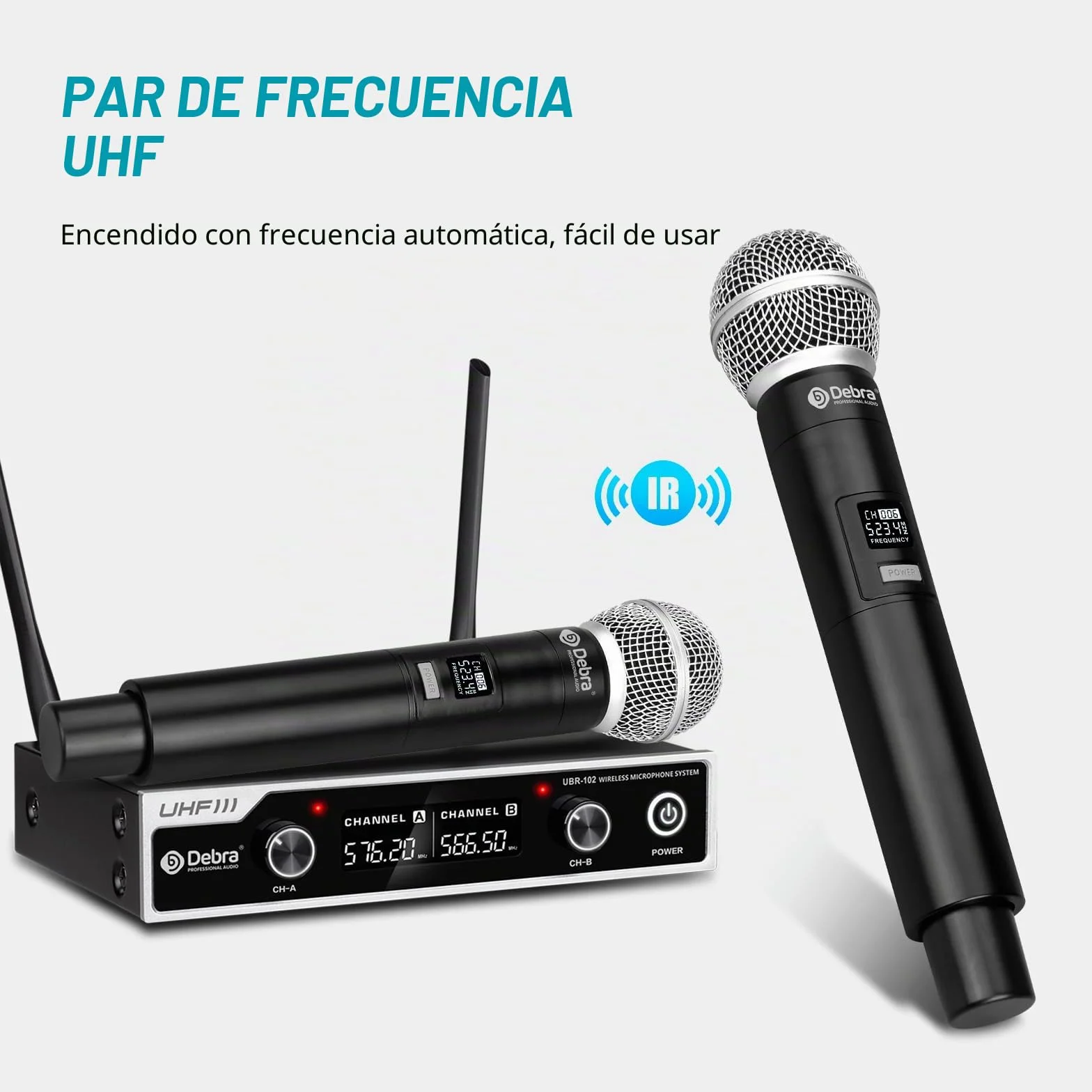 Microfono inalambrico Debra UHF UBR-102 con micrófonos inalámbricos de Diadema de Solapa, Alcance de 260 pies, Adecuado para Iglesias, conferencias, Karaoke, Bodas, DJ y Bares (2 de Mano)