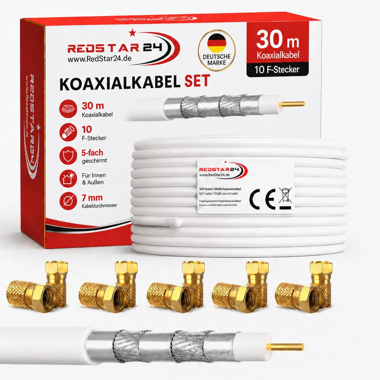 RedStar24 Cable Coaxial SAT 30m 135dB Clase A+ Blindaje 5x Ultra HD 4K DVB-S/S2 DVB-C/C2 DVB-T Antena Blanco 10 Conectores F