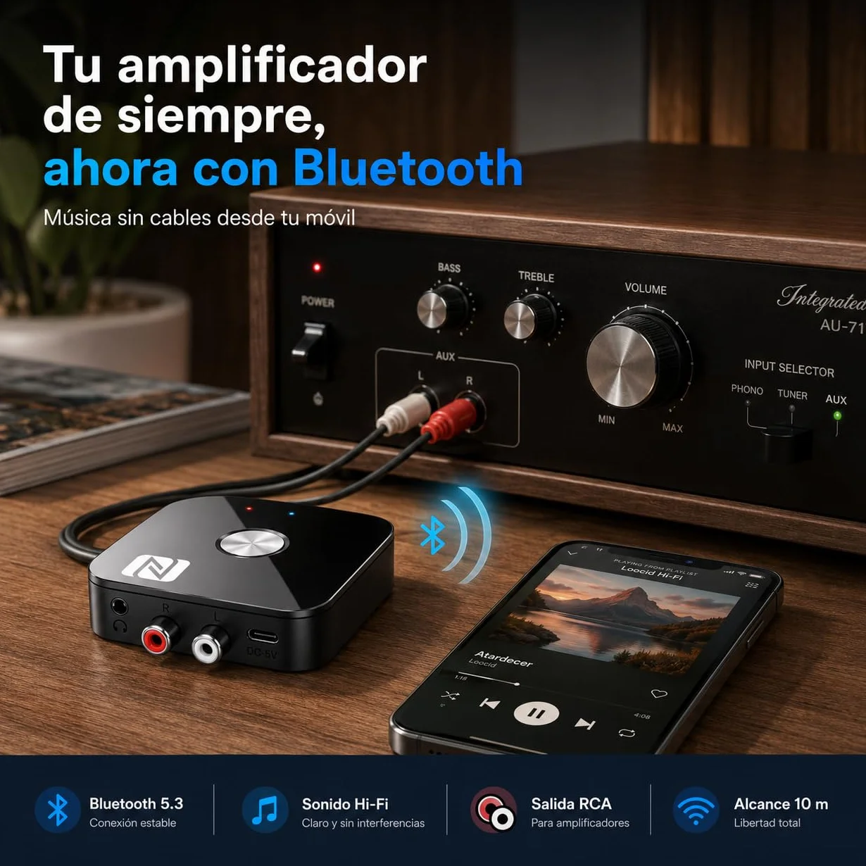 Receptor Bluetooth 5.3 HiFi, Receptor Bluetooth Jack 3.5 RCA, Adaptador Bluetooth Audio para Amplificador, Receiver Estéreo Casa Coche, Largo Alcance y Baja Latencia