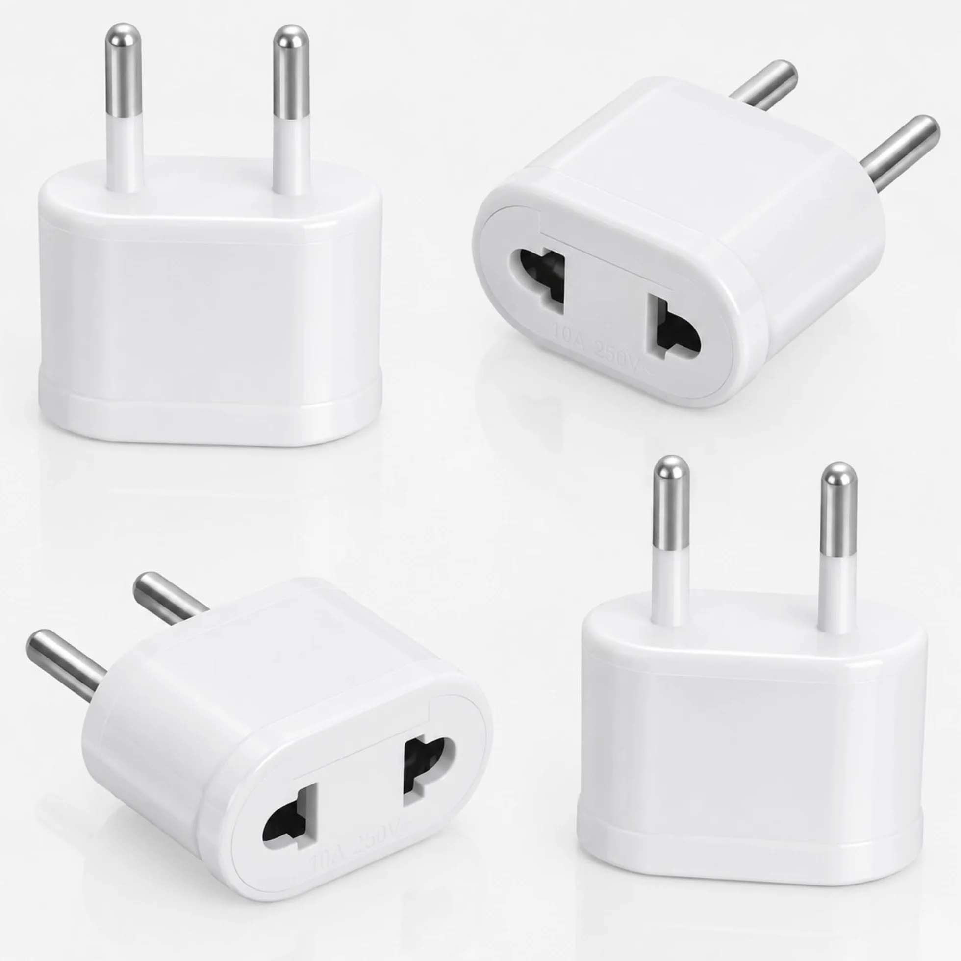 TECHZOCO Adaptador de Enchufe de EEUU a Enchufe Europeo, Adaptador de Corriente Americano a Europeo, Enchufe Viaje, 125~250 V/6 A, Potencia máxima a 250 V: 1500W, Blanco, 4 Unidades