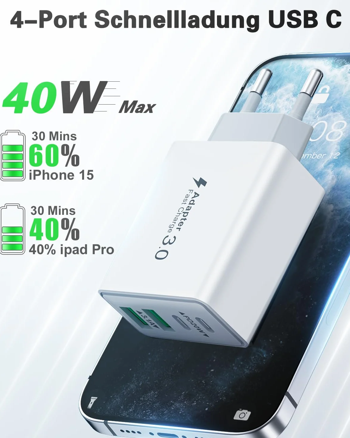 Cargador USB C 40W PD+QC Rápido Pared Adaptador Tipo C para iPhone 17 16 15 14 13 12 11 Pro Max Plus iPad Samsung