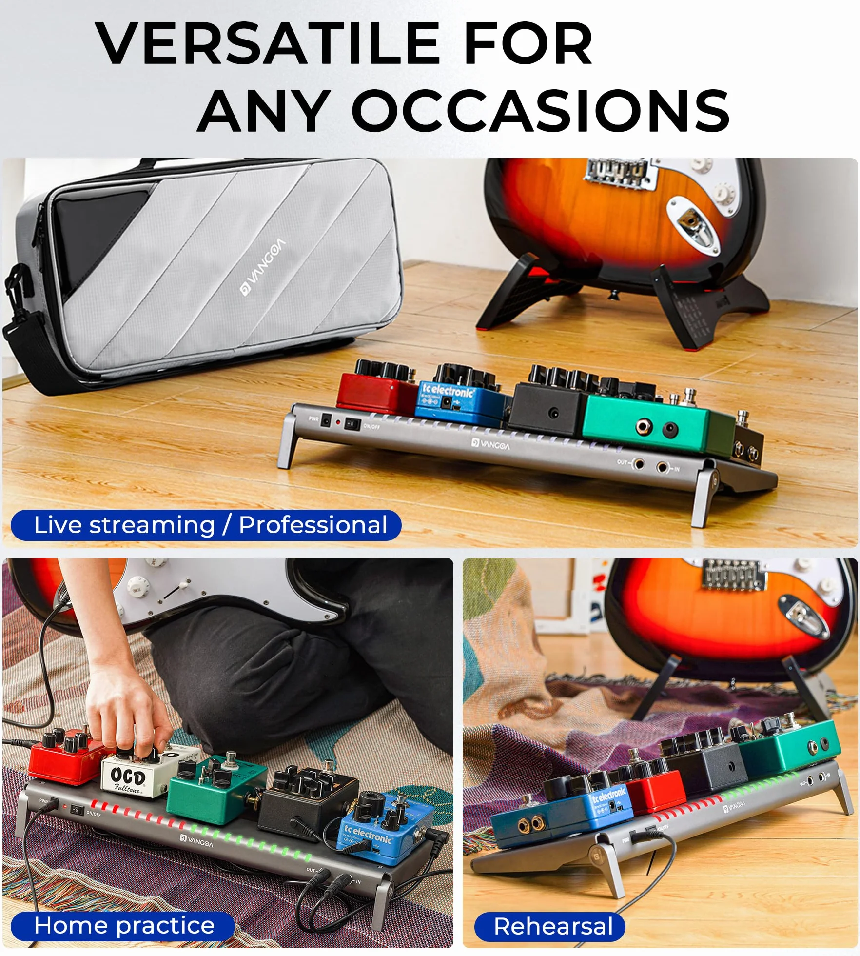 Vangoa Pedalera de guitarra con fuente de alimentación aislada incorporada, VPPD-S pedalboard eléctrica portátil pequeña y plegable de aluminio con bolsa de transporte, 41x16.5cm,1.3 kg,gris