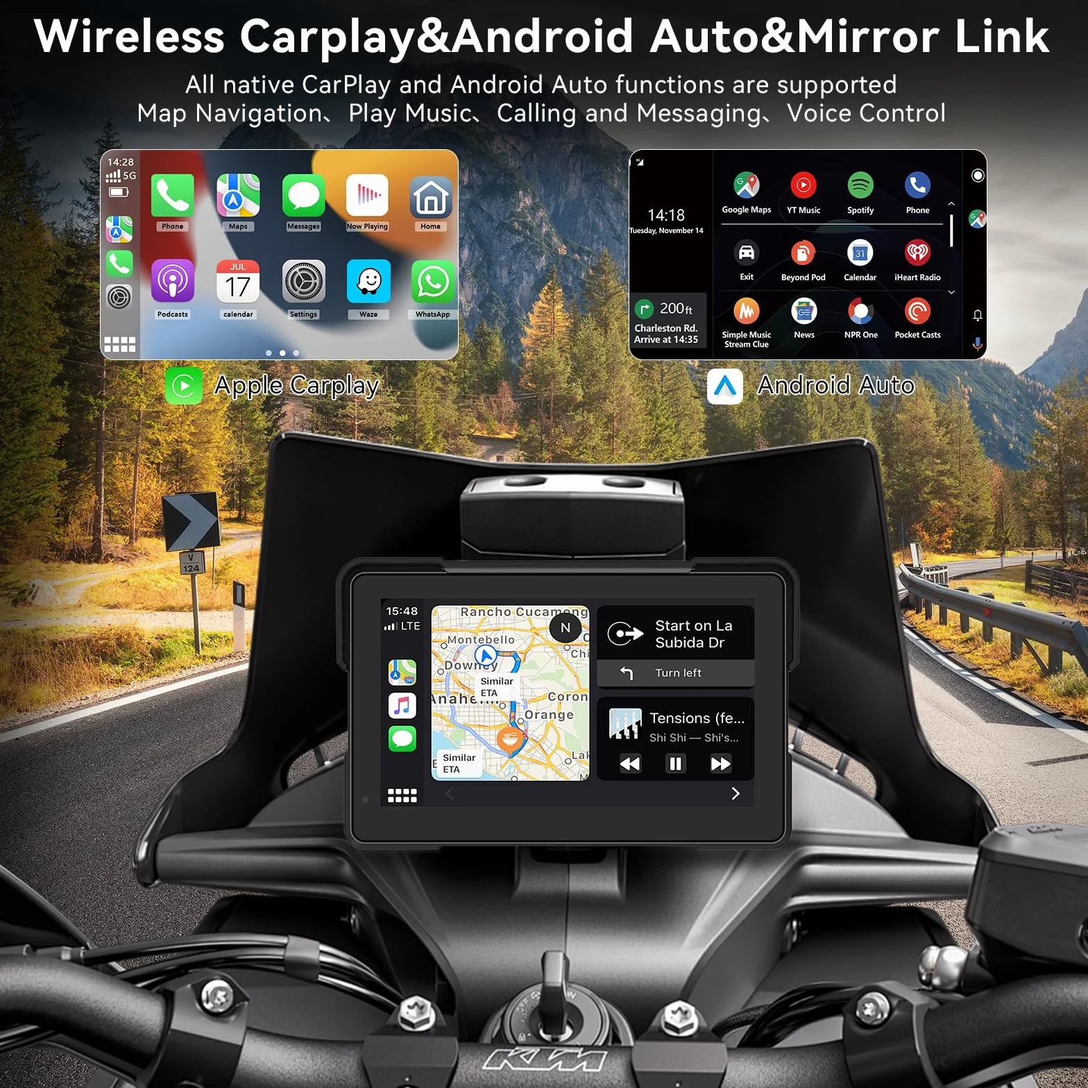 7 Pulgadas Pantalla Carplay de Motocicleta, IPX67 Impermeable, para CarPlay y Android Auto con Bluetooth Dual, Control de Voz, GPS, Detección de Presión de Neumáticos