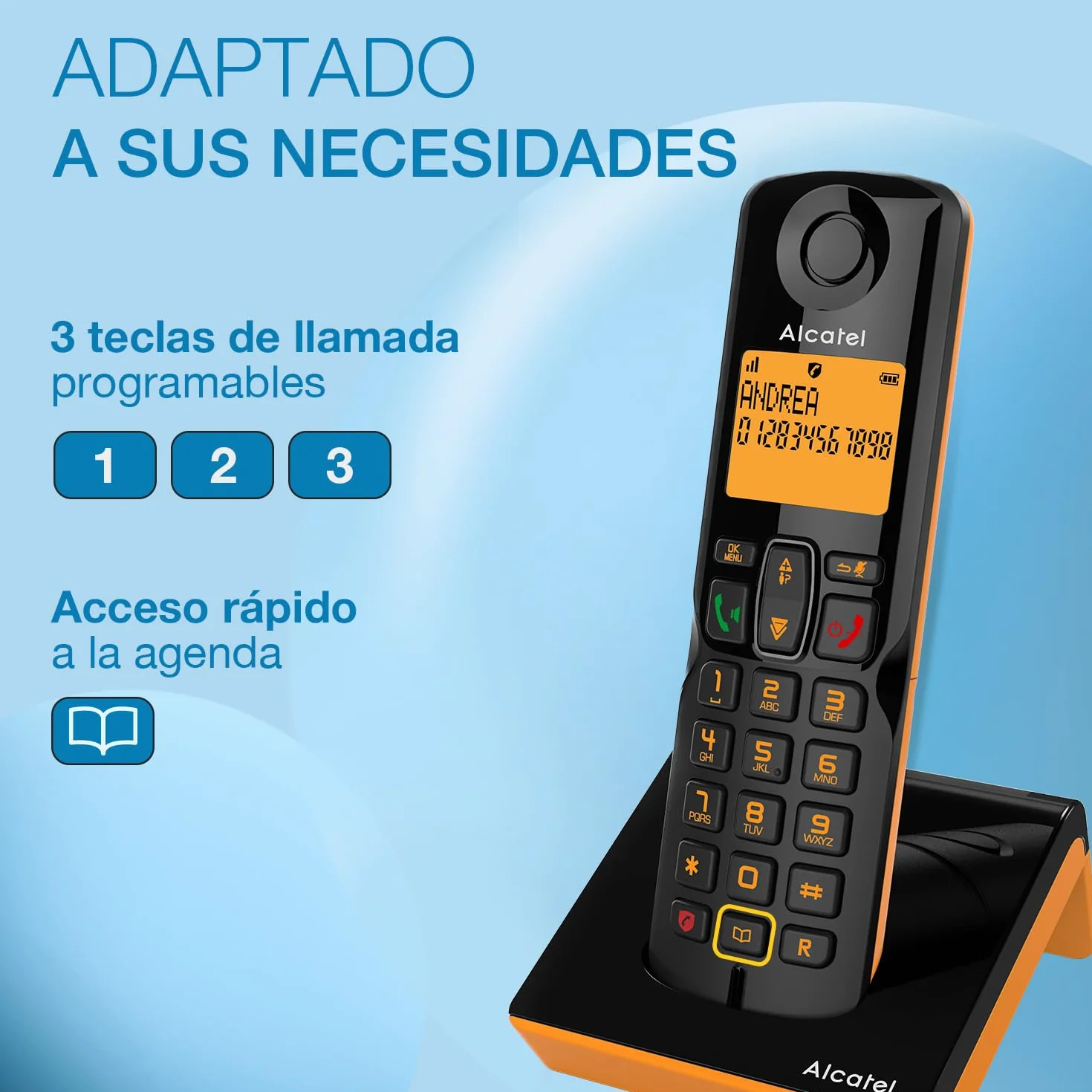 ALCATEL S280 Teléfono inalámbrico DECT Pantalla Grande retroiluminada Manos Libres Bloqueo de Llamadas Agenda 50 contactos Negro Naranja
