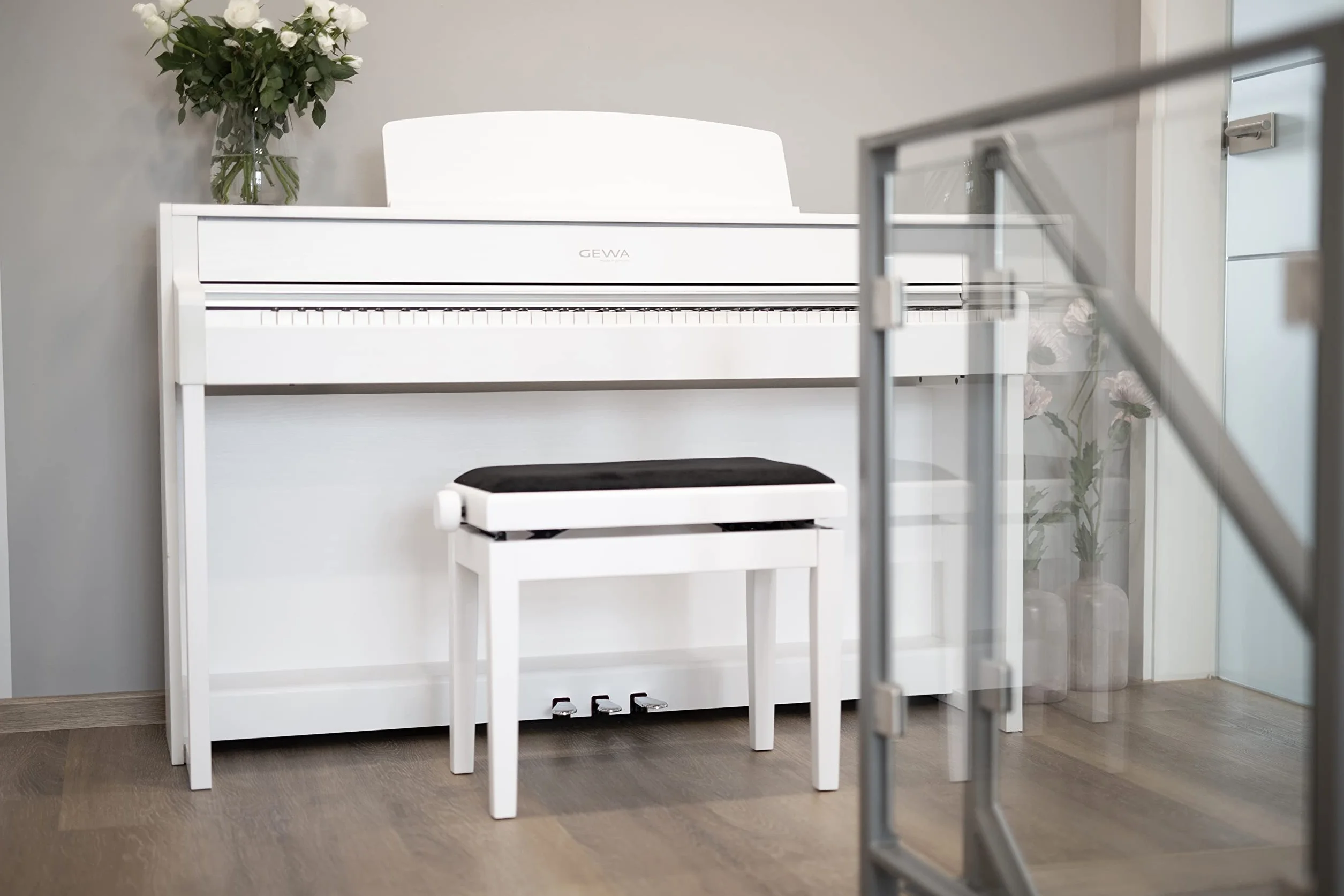 GEWA Banco de Piano Deluxe, Madera Maciza, Ajustable en Altura, Caoba Brillante