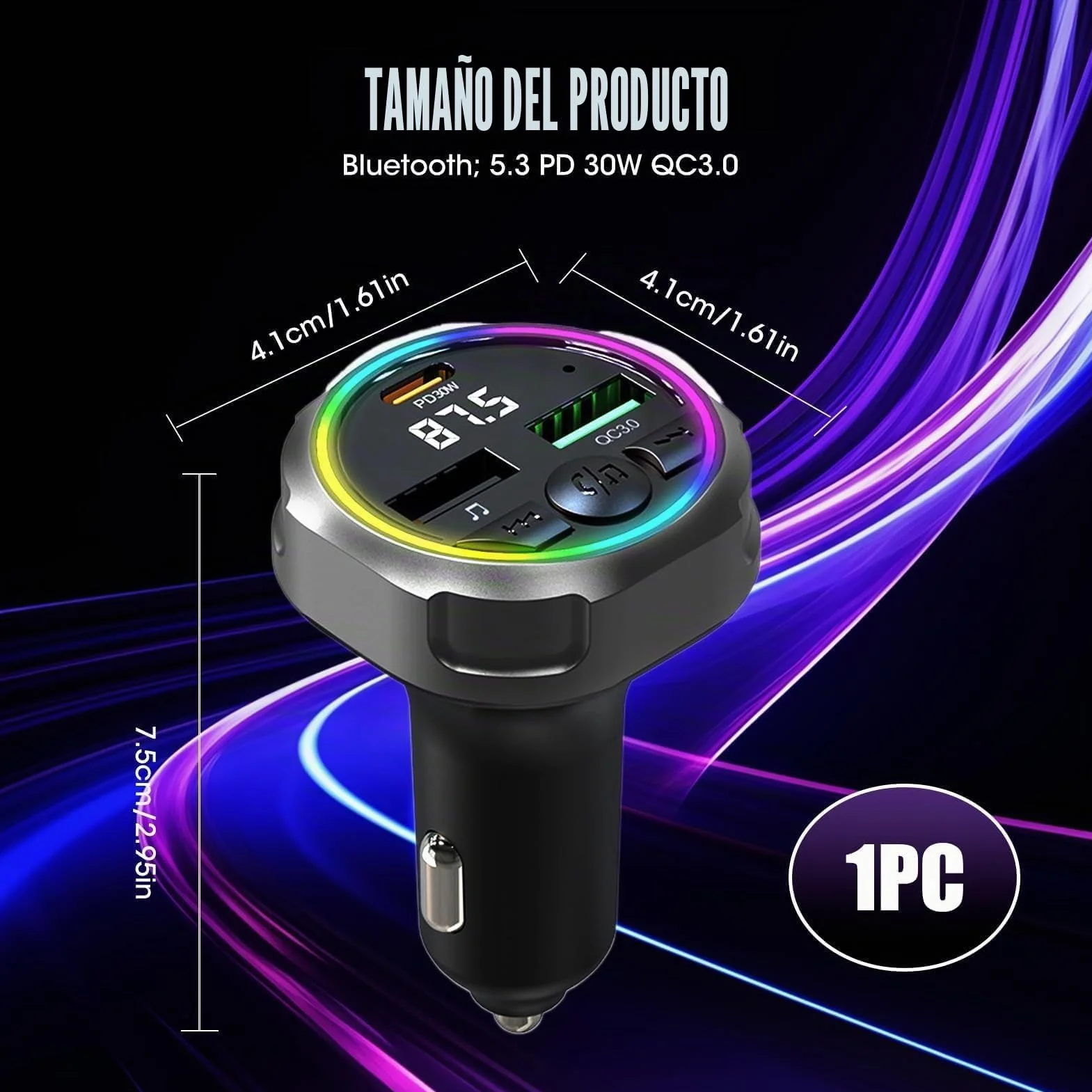 Transmisor Radio FM Bluetooth 5.3 Coche, USB C PD 30W + QC3.0 48W Cargador Coche Rápido, Receptor Parrot Manos Libres,Adaptador de Audio MP3, para Teléfono Móvil/Unidades Flash USB,Conectar y Usar