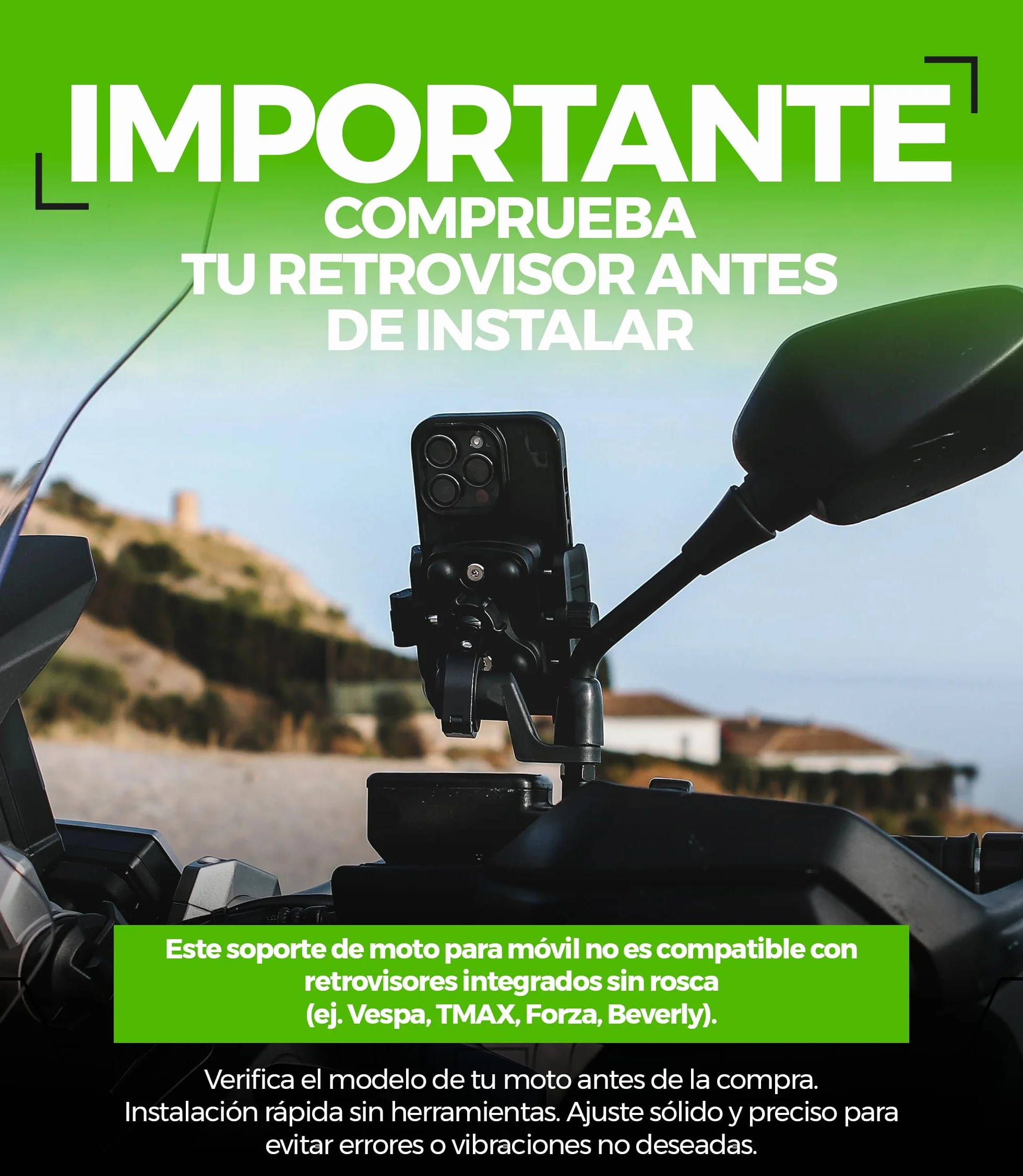 Soporte Móvil Moto Antivibración Aluminio CNC Liberación Rápida Rotación 360° Montaje Manillar 22-32mm Espejo 12-14mm Compatible Scooter Bicicleta