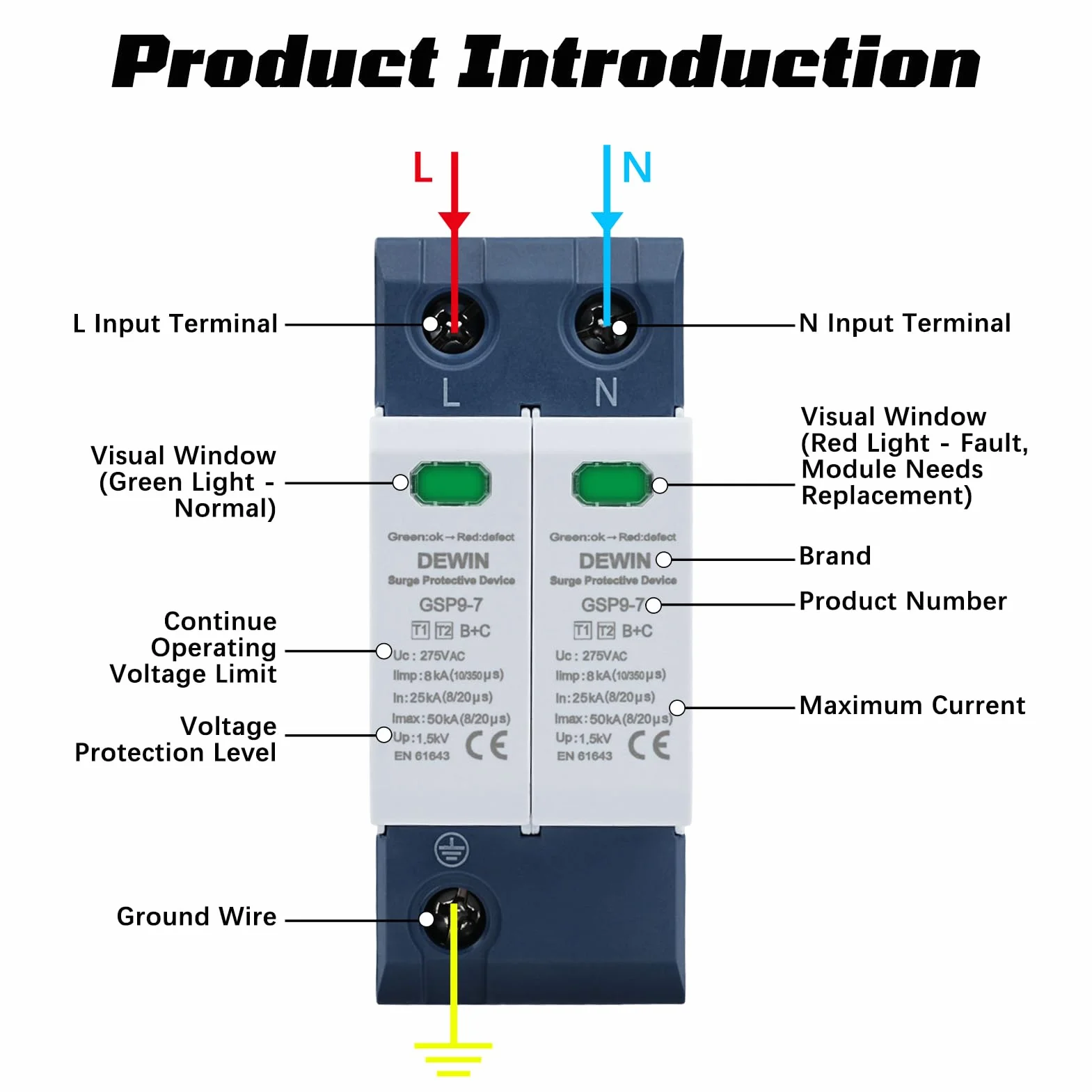 DEWIN Protector Sobretensiones 2P 40KA 275VAC Dispositivo de Protección contra Sobretensiones, Proteccion Sobretensiones Permanentes y Transitorias Protector Sobretension (T1+T2)