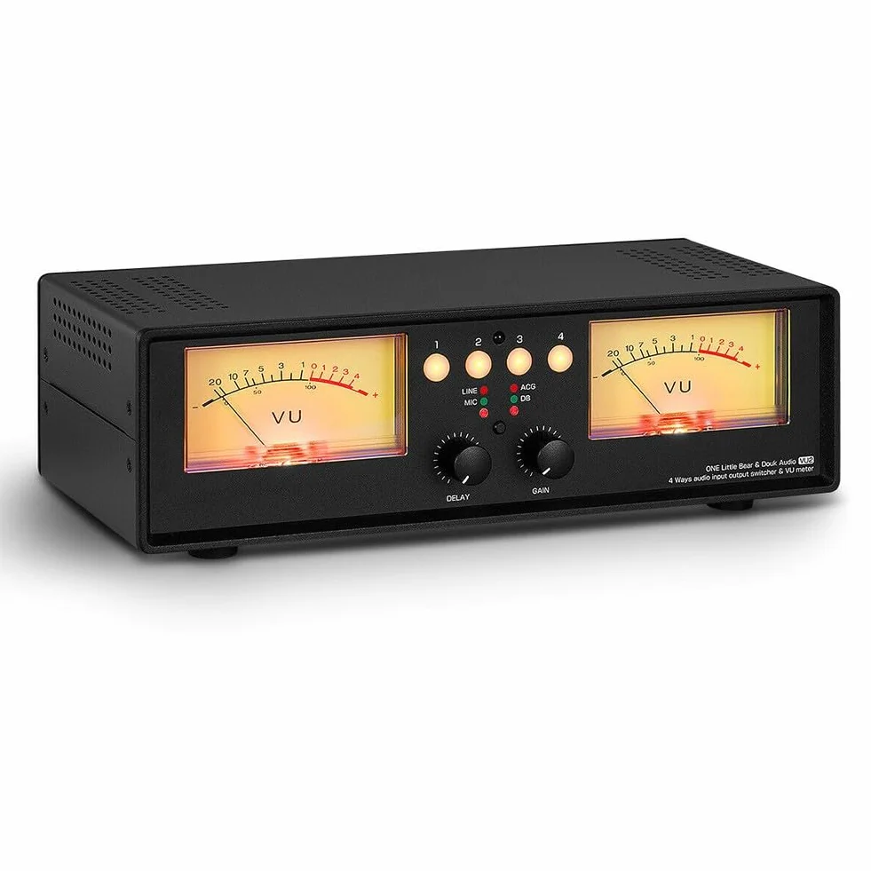 Analógico para medidor dual VU con micrófono de entrada y divisor de audio estéreo, caja de conmutación para oficina en casa, estudio, retroiluminación amarilla/azul
