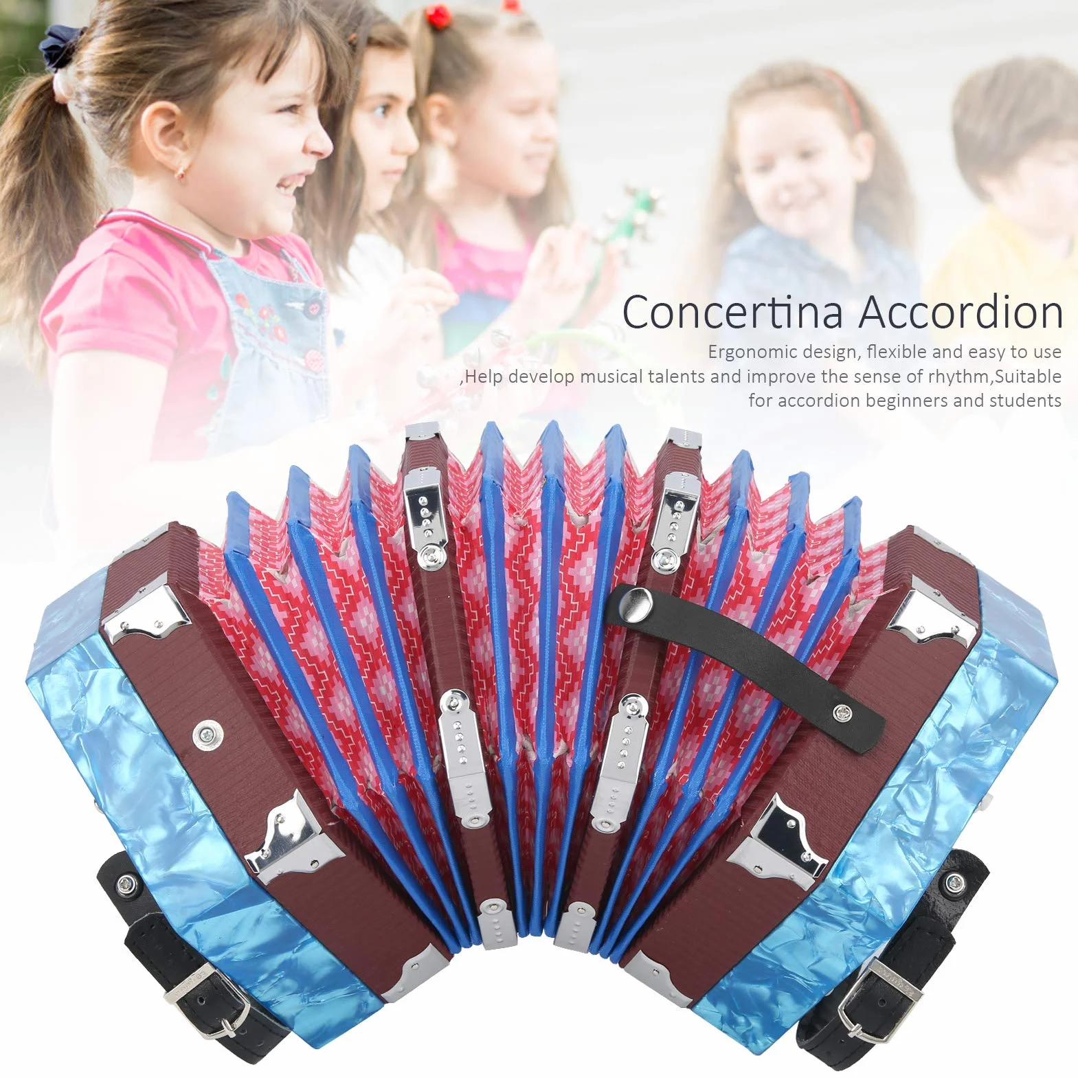 Eujgoov Concertina Acordeón Diatónico Ortable Instrumento profesional para adultos Suministros de instrumentos musicales(Cielo azul)