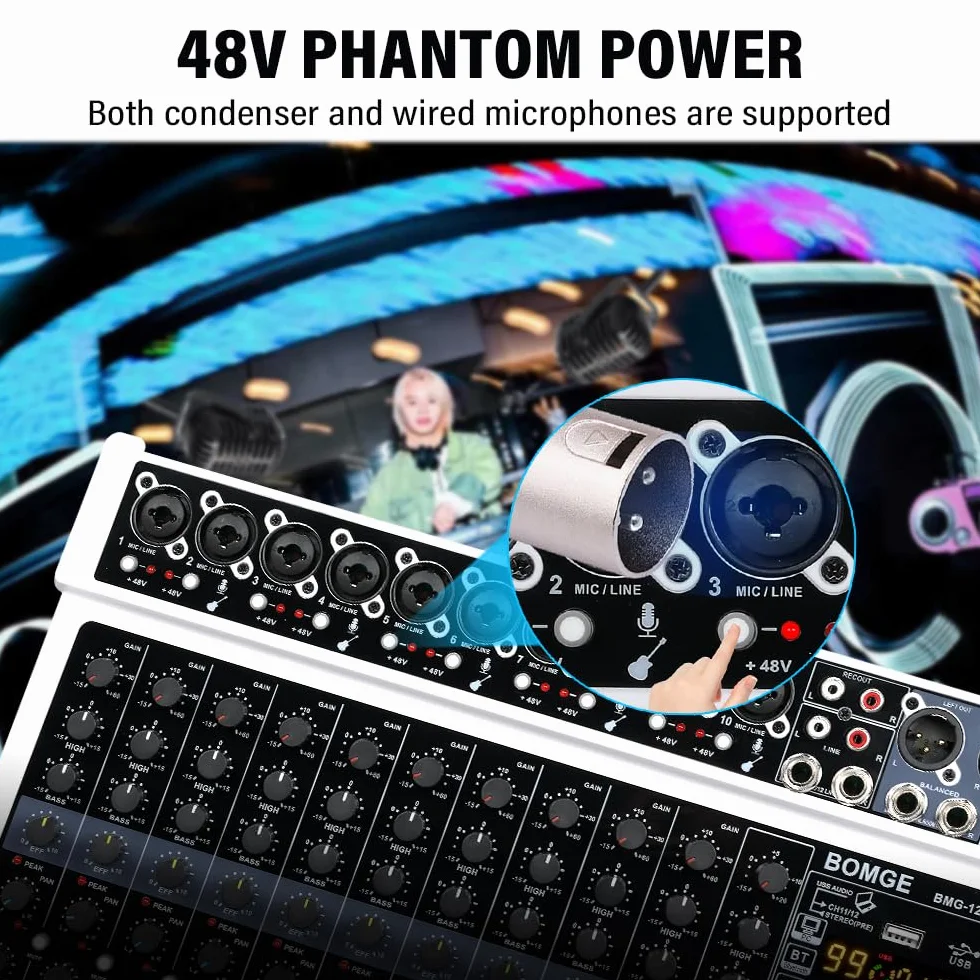 BOMGE Mezclador de audio profesional, 12 canales, Bluetooth, USB, alimentación de 48 V, entradas XLR/RCA, efectos DSP