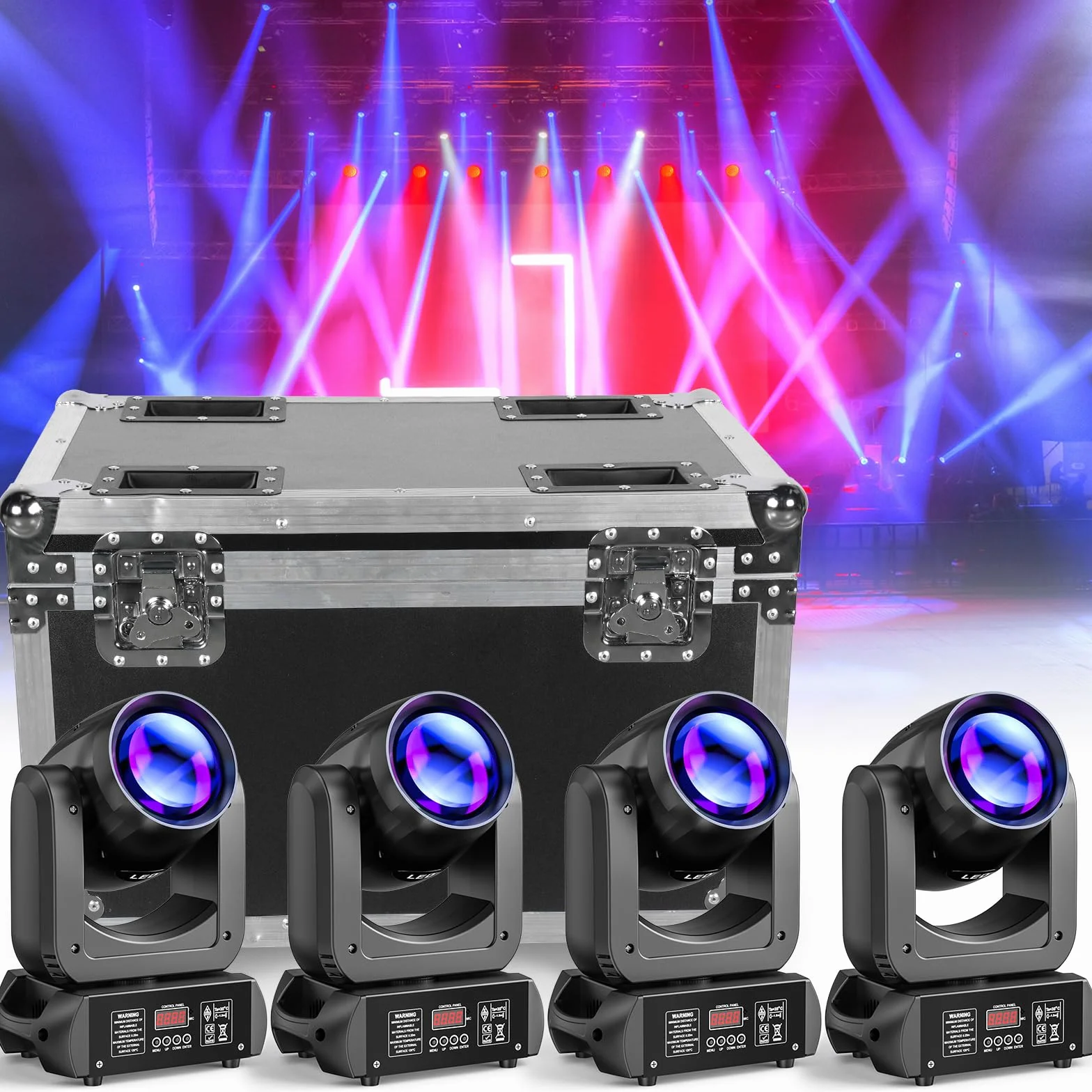 4 unidades 150W cabeza móvil LED luces para iluminación de escenario y Caja de transporte Fly case, luces de fiesta activadas por sonido para bodas, iglesias y eventos en vivo
