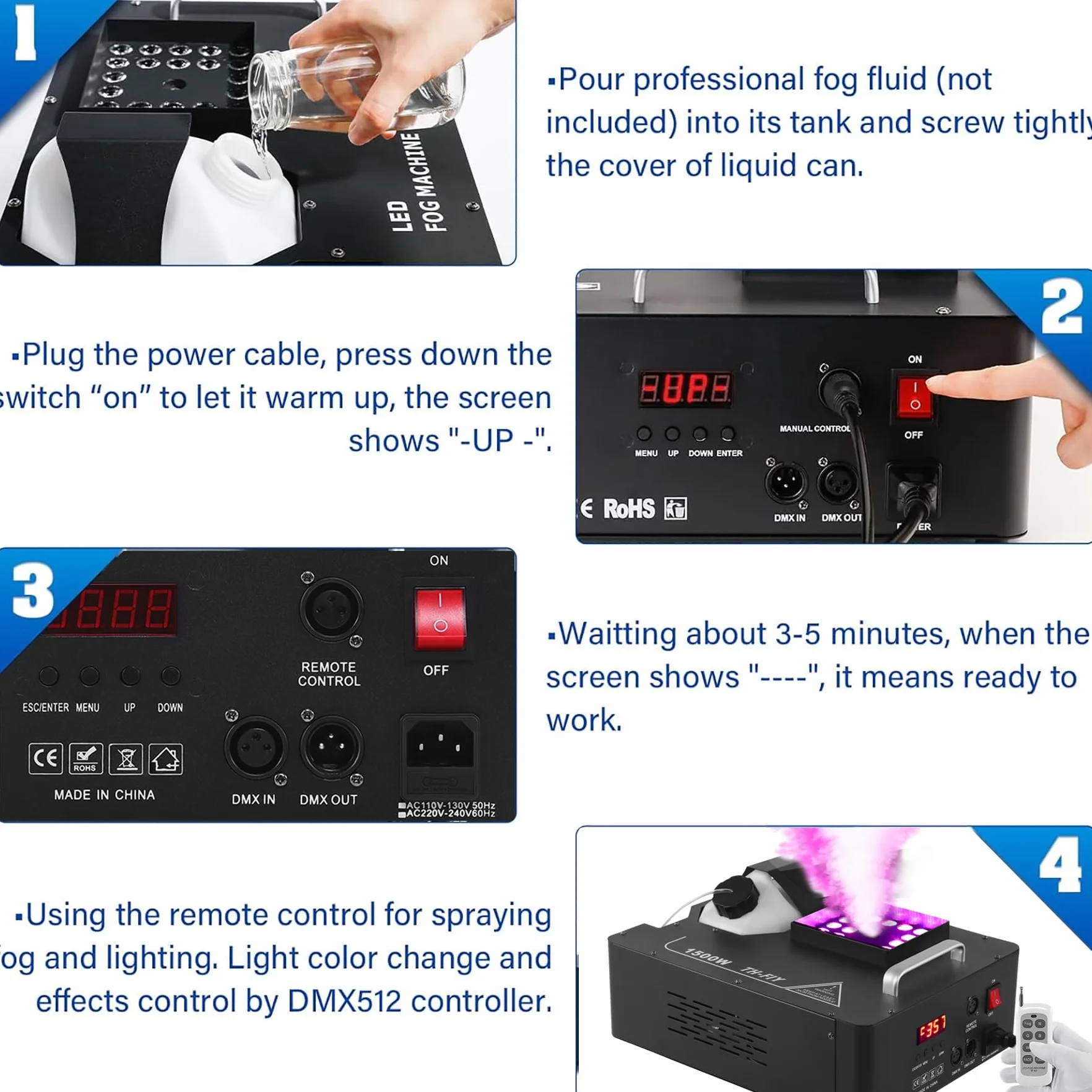 Ridgeyard Máquina de niebla, 1500W máquinas de humo con mando a distancia inalámbrico y luz led con 16 colores, adecuada para DJ, discoteca, fiesta, Halloween, Navidad, bodas y actuaciones en