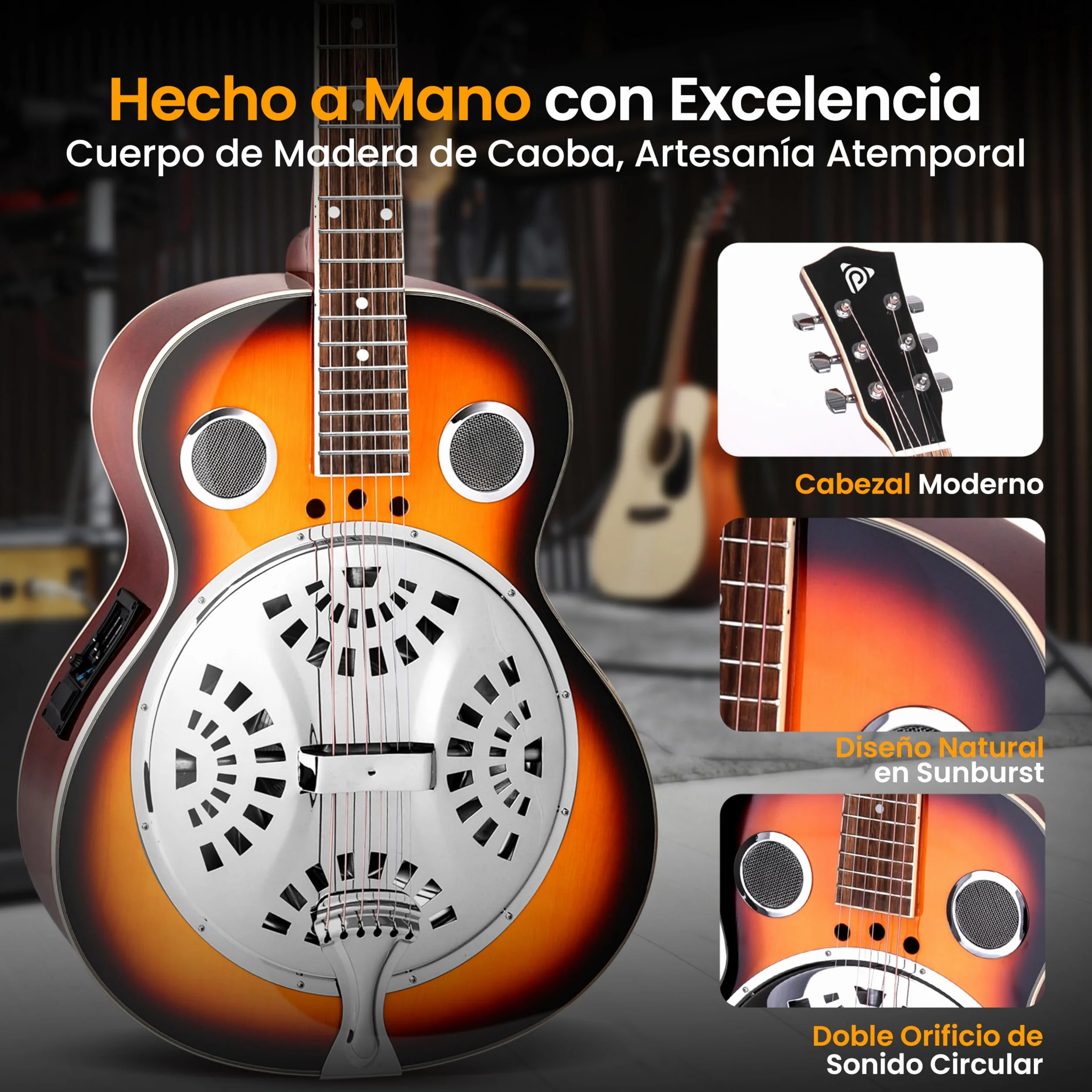Pyle guitarra electrica, Resonador tradicional, 6 cuerdas, Preamplificador incorporado, Accesorios