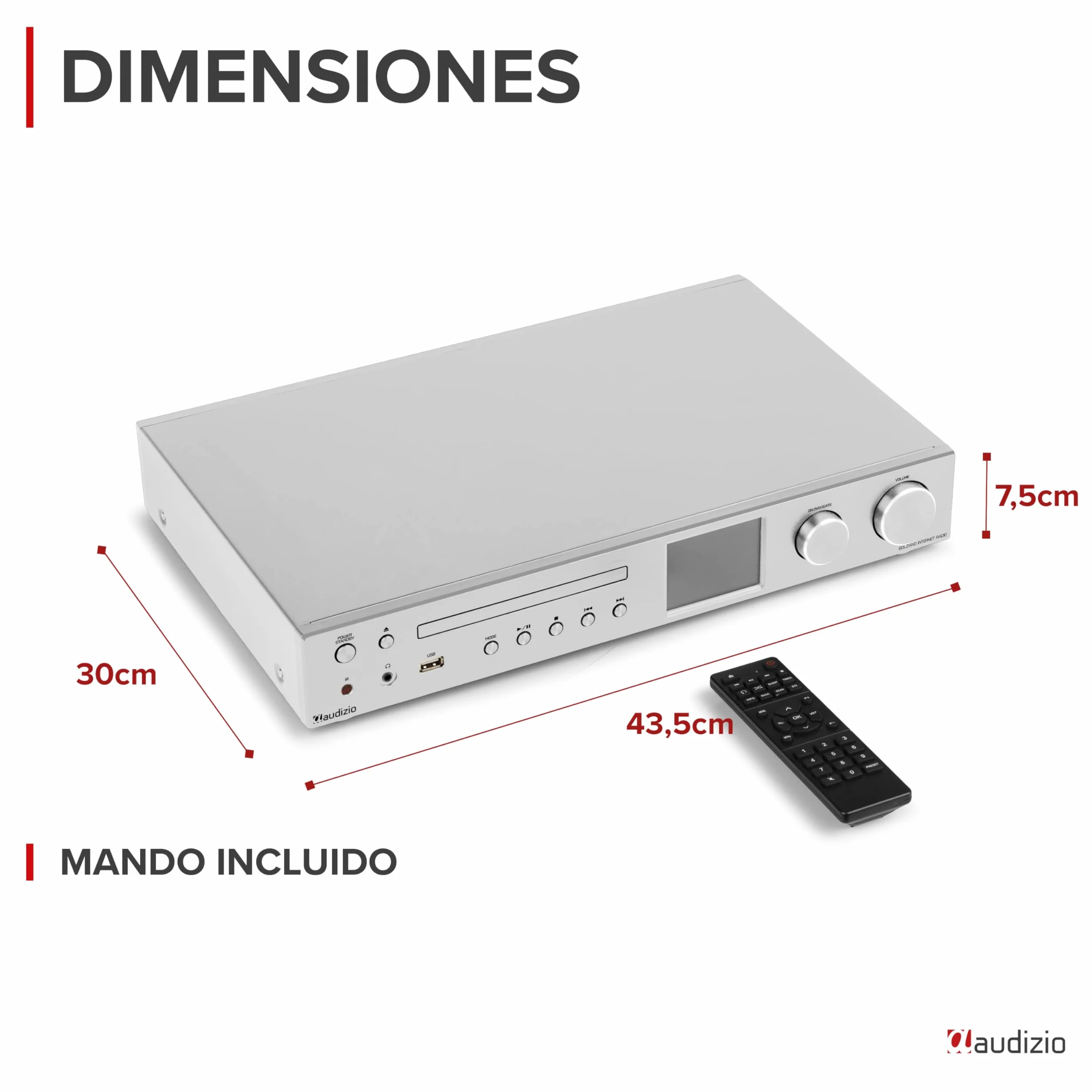 Audizio Bolzano - Radio Internet Dab+ y FM WLAN Bluetooth, Reproductor CD, Spotify Connect, Despertador, 40.000 emisoras, Mando a Distancia y Control por App, conexión Toslink y subwoofer, Plateada