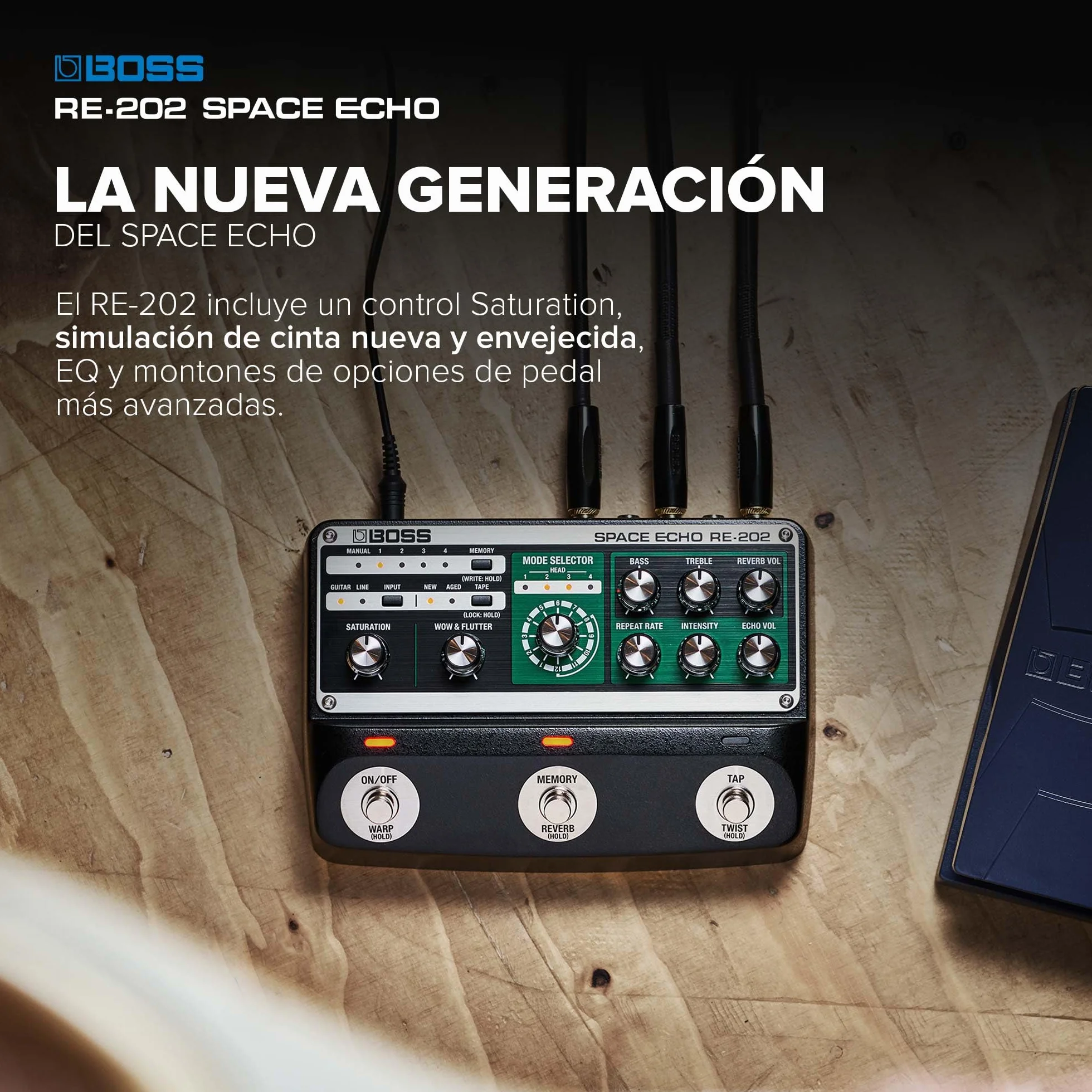BOSS RE-202 SPACE ECHO – Pedal de efectos de cinta de eco, delay y reverb. Moderna recreación avanzada del mítico Roland RE-201 Space Echo. Estéreo verdadero. Reverb de muelles verdadera.