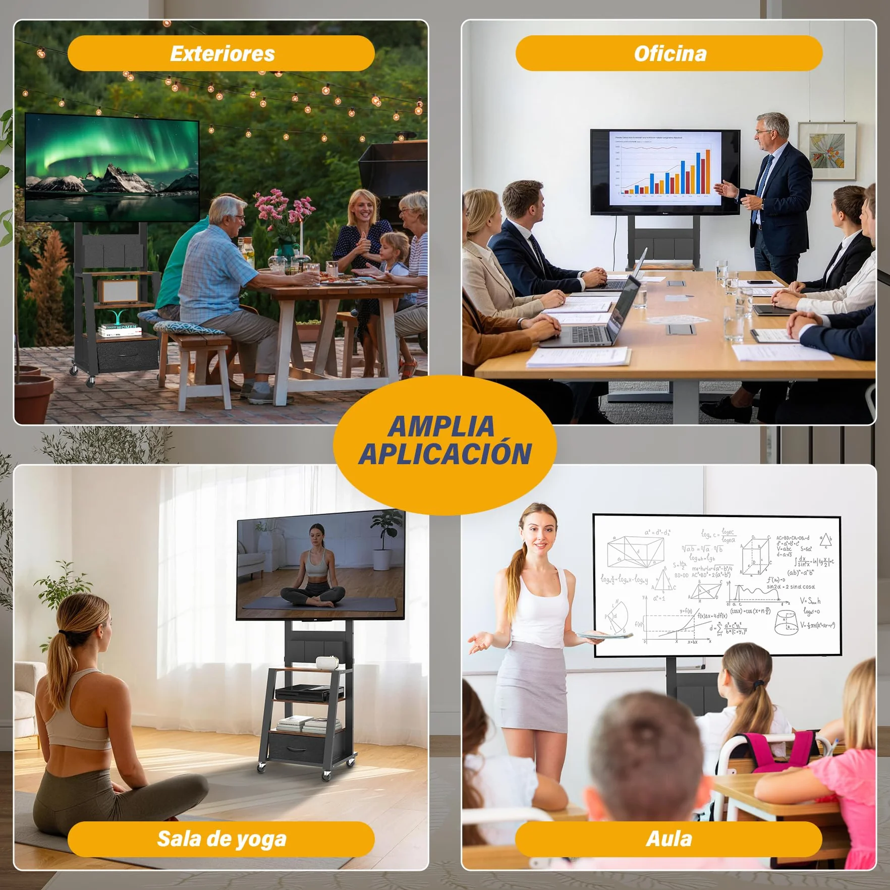 Soporte de TV con Ruedas, cajón y Almacenamiento, para TV Planas/Curvas de 23"-60", hasta 72kg, Altura Ajustable, Carrito móvil para TV, para hogar, Oficina, Exteriores, VESA máximo de 400 x 400mm