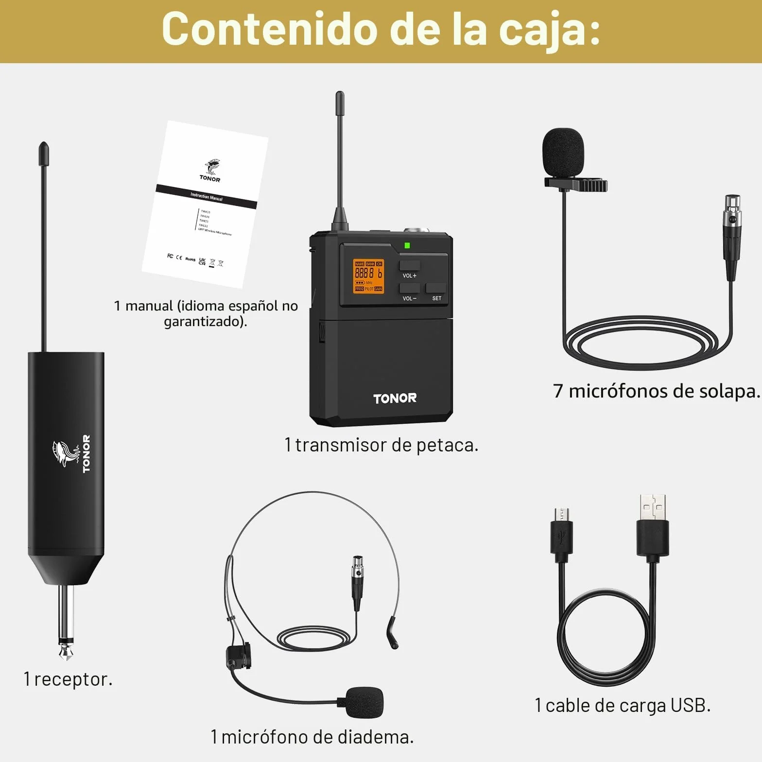 TONOR Microfono Inalambrico UHF con Micrófono Diadema/Lavalier Solapa Bolsillo Mic, Bodypack Transmisor y Mini Receiver 1/4 Pulgadas Salida, 60M para Actuaciones en Vivo Reuniones Lglesia Discurso
