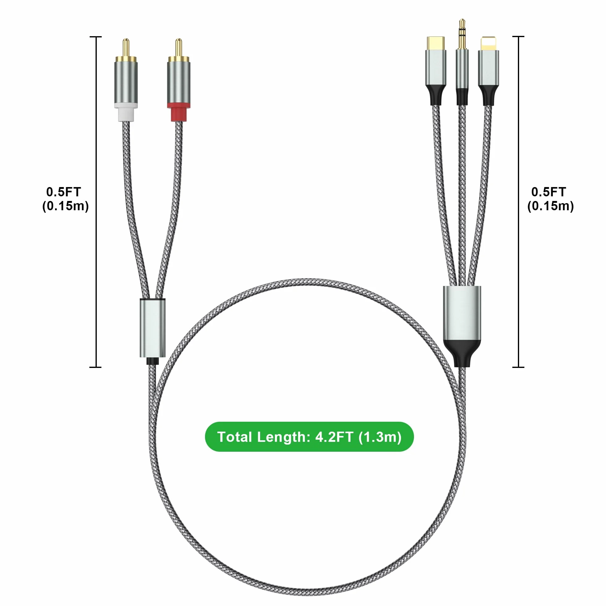 Cable Cinch para iPhone, Cable Jack a 2RCA，Cable USB C a 2RCA(3 en 1 cable RCA) para teléfono Tablet PC Reproductor de MP3, Pod, Amplificador, Altavoz Compatible con Lightning