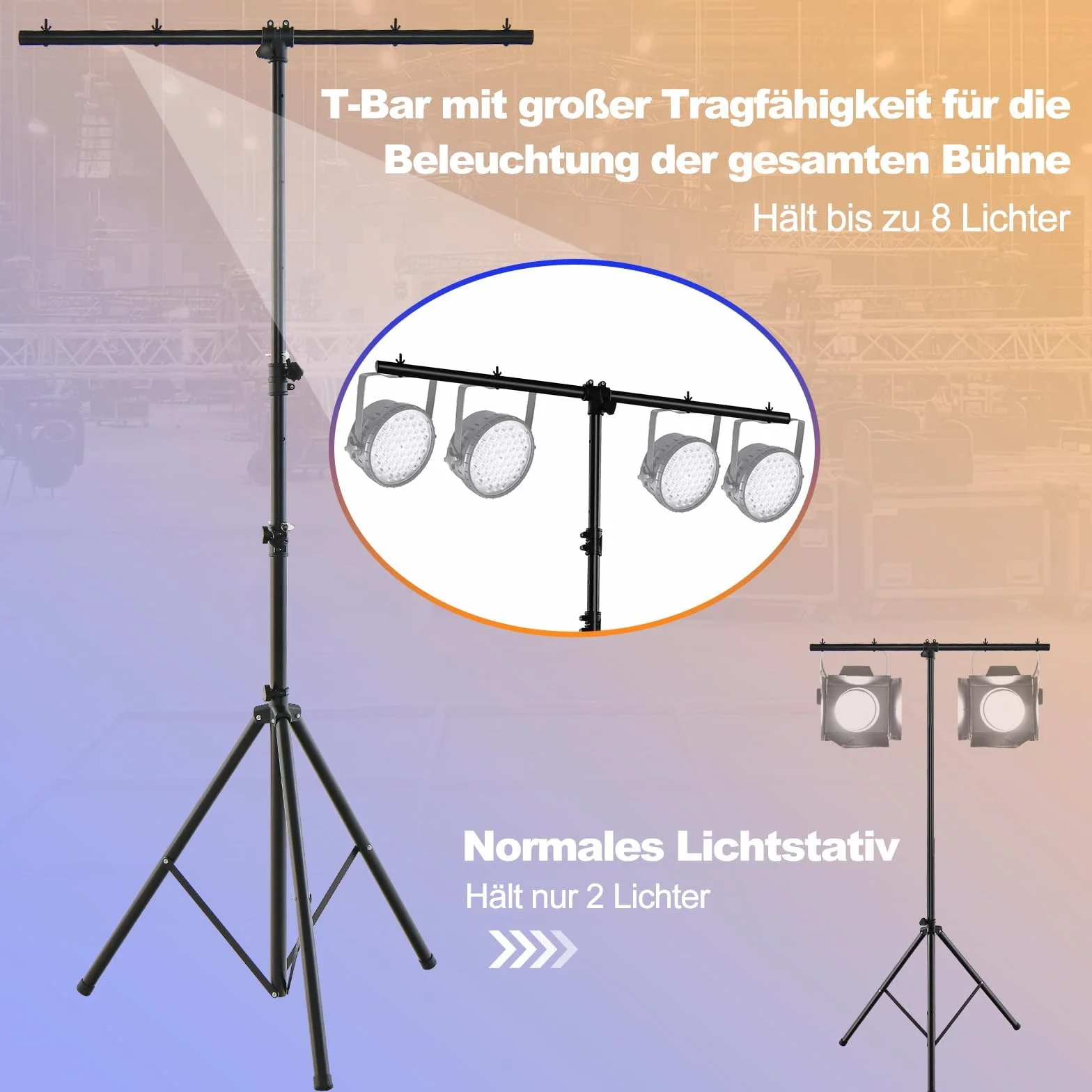 FANTASK Trípode de luz para DJ de 180 – 360 cm de Altura Regulable de Metal, con lámpara Activa, iluminación con Barras en T retráctiles, soporta hasta 100 kg, para conciertos, teatros y Fiestas, 462