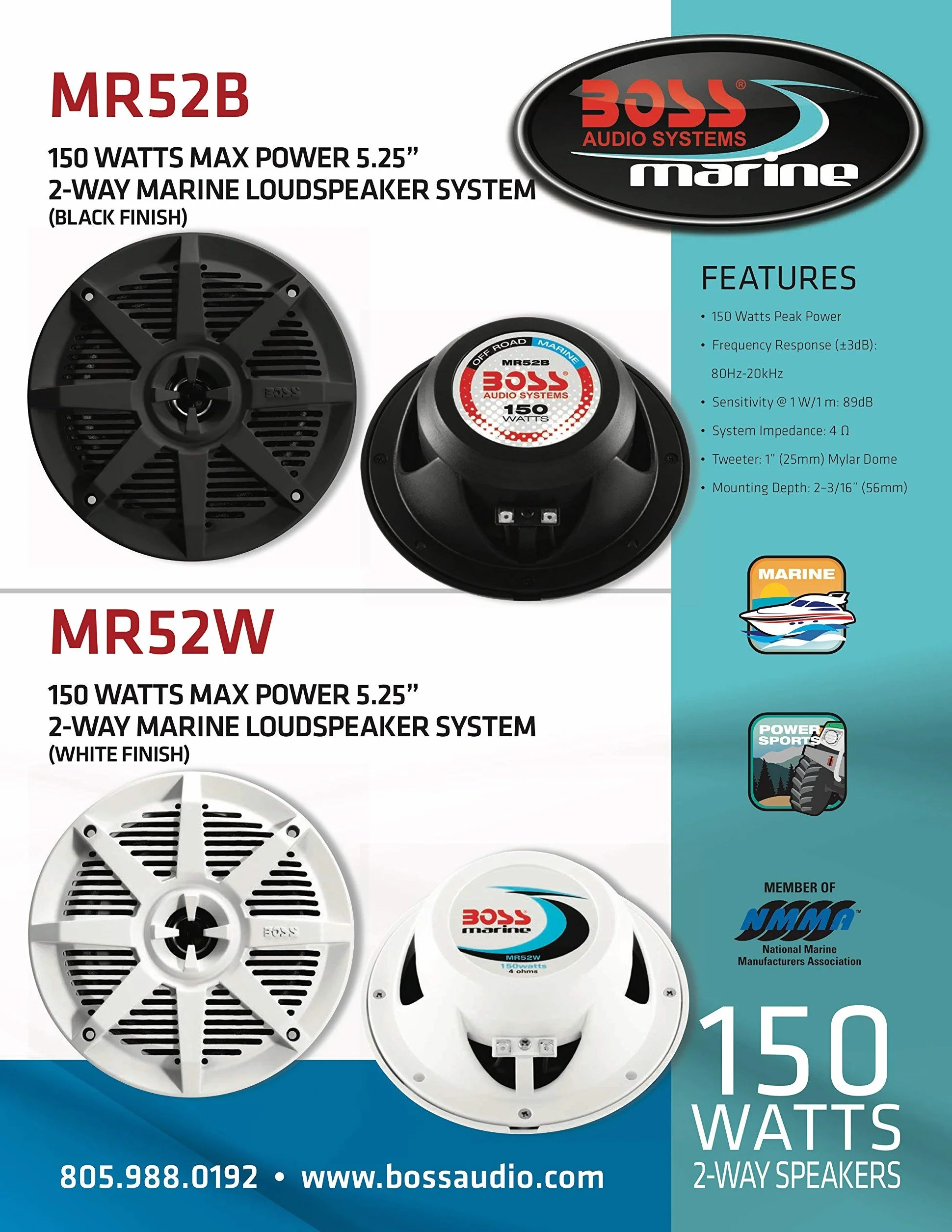 Boss Audio Altavoces Marinos de Rango Completo de 2 vías de 5.25 Pulgadas en Color Negro